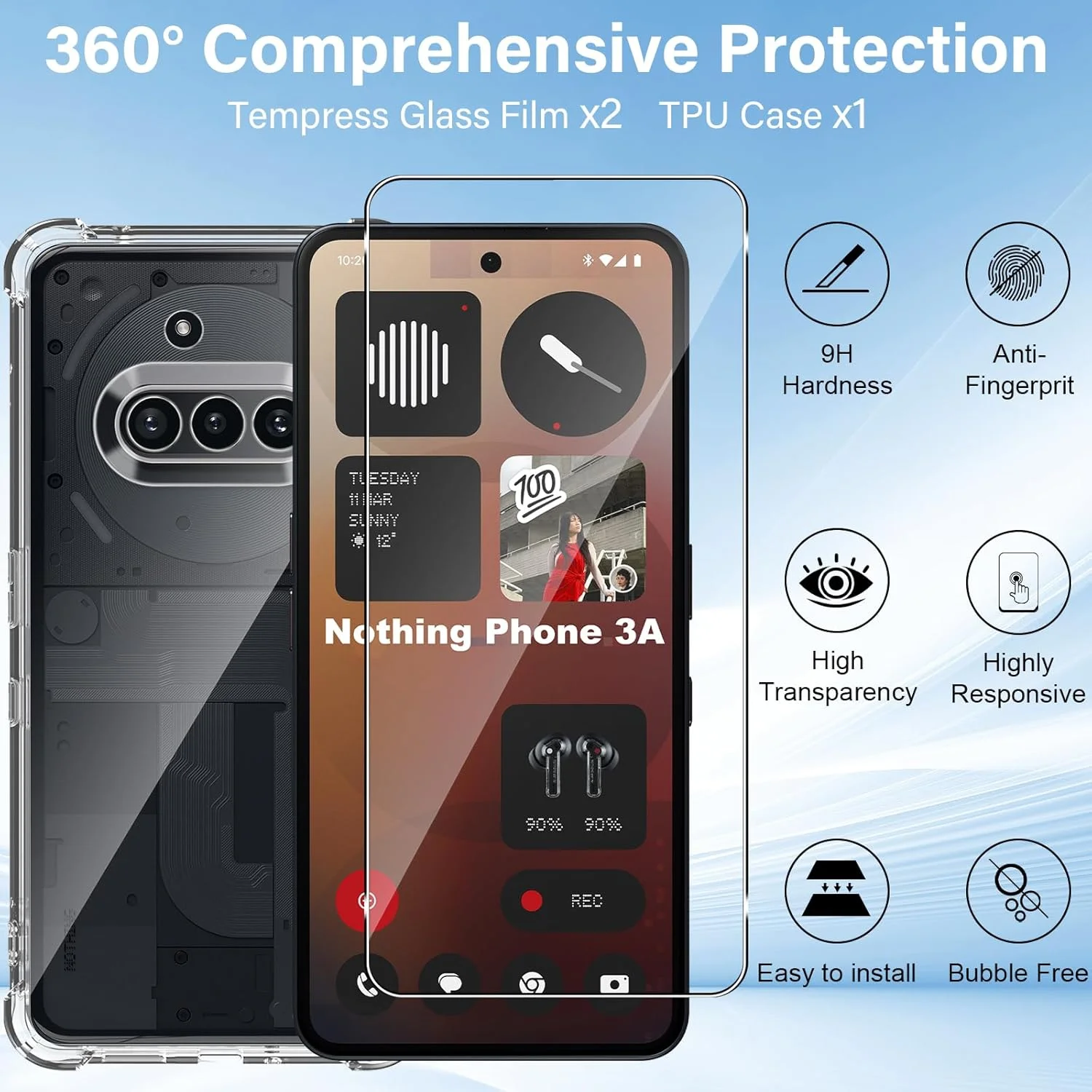 محافظ صفحه نمایش Haofun برای قاب Nothing Phone 3a، 2 عدد شیشه حرارت دیده و 1 قاب، شیشه حرارت دیده فوق العاده شفاف با سختی 9H، قاب باریک شفاف ضد زردی