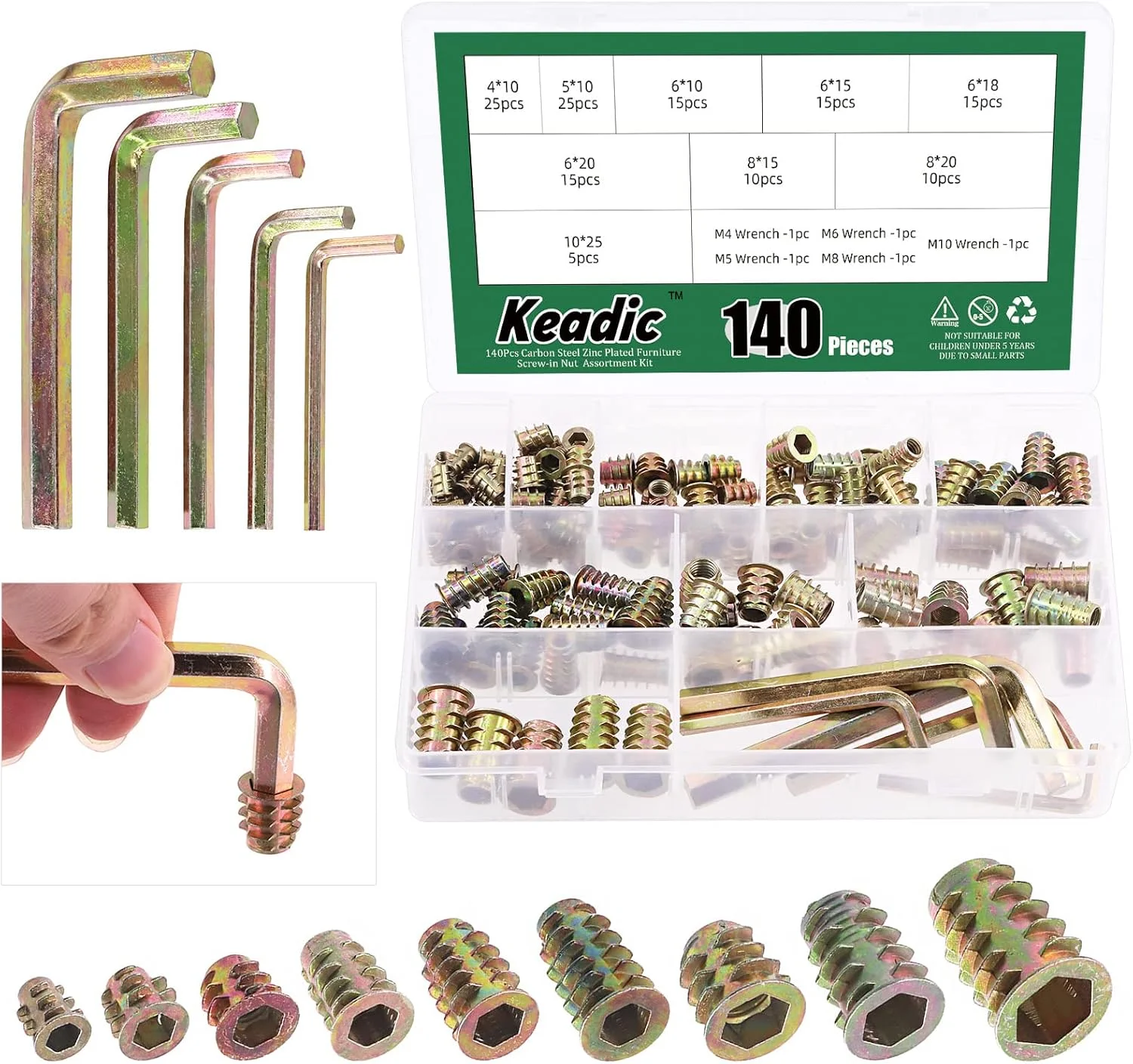 مجموعه 140 عددی مهره های رزوه ای روکش روی Keadic در 9 سایز M4 M5 M6 M8 M10 به همراه آچار آلن، مهره های چوبی با درایو شش گوش، اتصال دهنده پیچ و مهره برای مبلمان چوبی مجموعه 140 عددی مهره های رزوه ای روکش روی Keadic در 9 سایز M4 M5 M6 M8 M10 به همراه آچار آلن، مهره های چوبی با درایو شش گوش، اتصال دهنده پیچ و مهره برای مبلمان چوبی