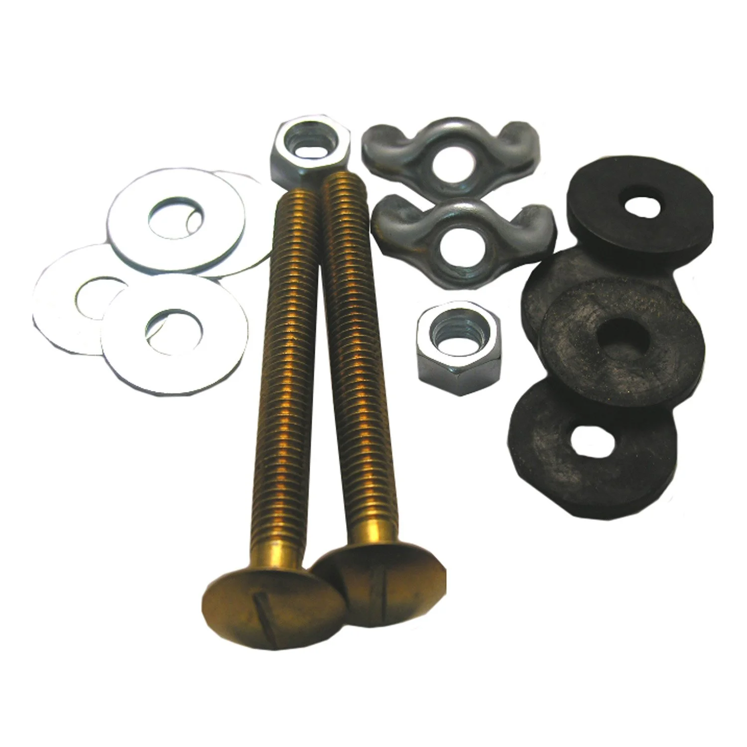 پیچ های برنجی جامد اتصال مخزن توالت به کاسه لاسکو مدل 04-3671، سایز 5/16 اینچ در 3 اینچ به همراه واشرهای گرد فلزی و لاستیکی، مهره های بالدار و شش گوش پیچ های برنجی جامد اتصال مخزن توالت به کاسه لاسکو مدل 04-3671، سایز 5/16 اینچ در 3 اینچ به همراه واشرهای گرد فلزی و لاستیکی، مهره های بالدار و شش گوش