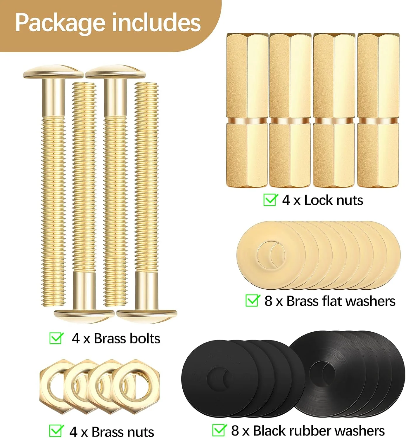 Hotop بسته 4 عددی کیت پیچ مخزن توالت به کاسه، فولاد ضد زنگ و روکش برنجی، پیچ های سنگین توالت ضد زنگ، مهره واشر با مهره های بلند، واشرهای لاستیکی دوبل برای پیچ های مخزن توالت و پیچ های صندلی Hotop بسته 4 عددی کیت پیچ مخزن توالت به کاسه، فولاد ضد زنگ و روکش برنجی، پیچ های سنگین توالت ضد زنگ، مهره واشر با مهره های بلند، واشرهای لاستیکی دوبل برای پیچ های مخزن توالت و پیچ های صندلی