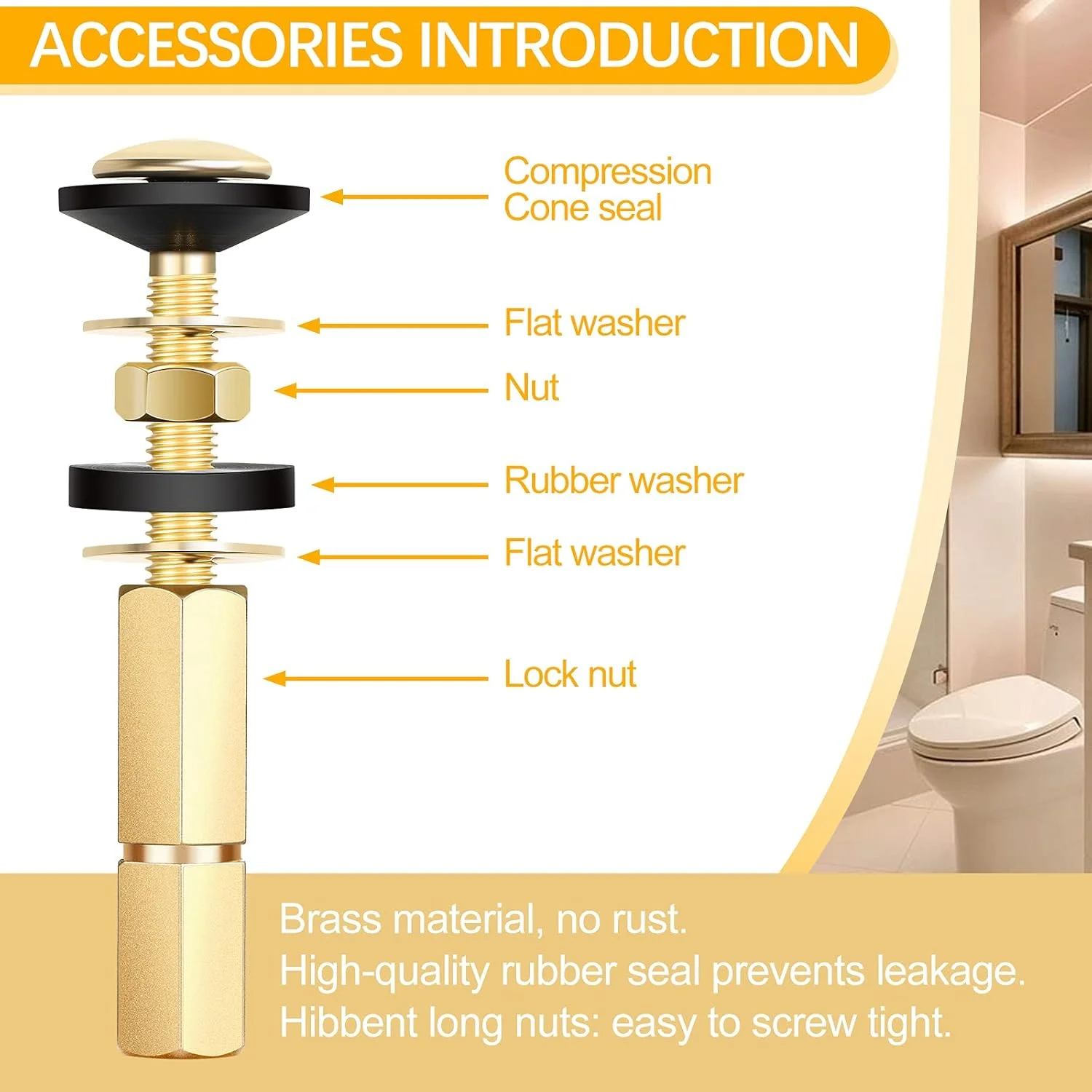 Hotop بسته 4 عددی کیت پیچ مخزن توالت به کاسه، فولاد ضد زنگ و روکش برنجی، پیچ های سنگین توالت ضد زنگ، مهره واشر با مهره های بلند، واشرهای لاستیکی دوبل برای پیچ های مخزن توالت و پیچ های صندلی Hotop بسته 4 عددی کیت پیچ مخزن توالت به کاسه، فولاد ضد زنگ و روکش برنجی، پیچ های سنگین توالت ضد زنگ، مهره واشر با مهره های بلند، واشرهای لاستیکی دوبل برای پیچ های مخزن توالت و پیچ های صندلی