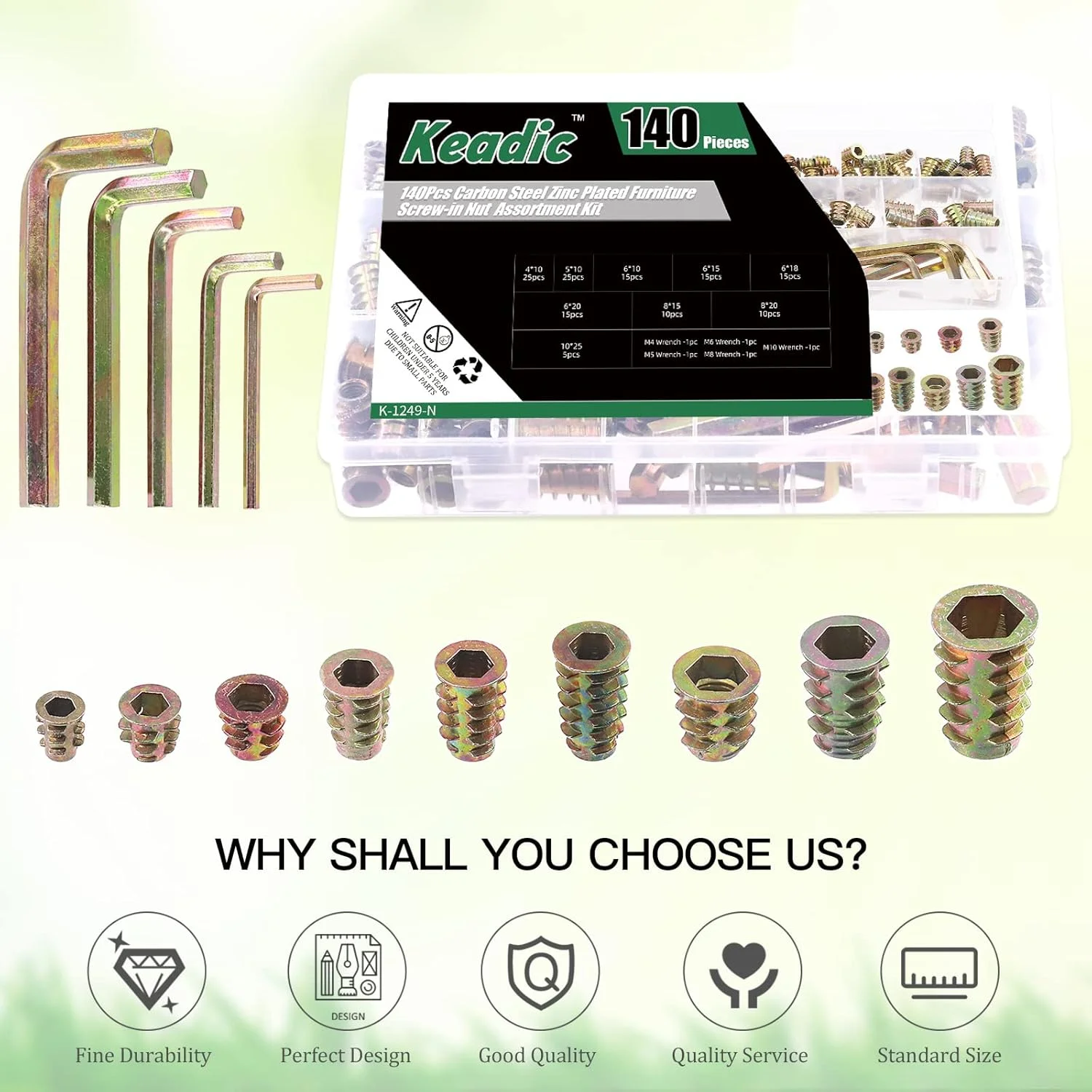 مجموعه 140 عددی مهره های رزوه ای روکش روی Keadic در 9 سایز M4 M5 M6 M8 M10 به همراه آچار آلن، مهره های چوبی با درایو شش گوش، اتصال دهنده پیچ و مهره برای مبلمان چوبی مجموعه 140 عددی مهره های رزوه ای روکش روی Keadic در 9 سایز M4 M5 M6 M8 M10 به همراه آچار آلن، مهره های چوبی با درایو شش گوش، اتصال دهنده پیچ و مهره برای مبلمان چوبی