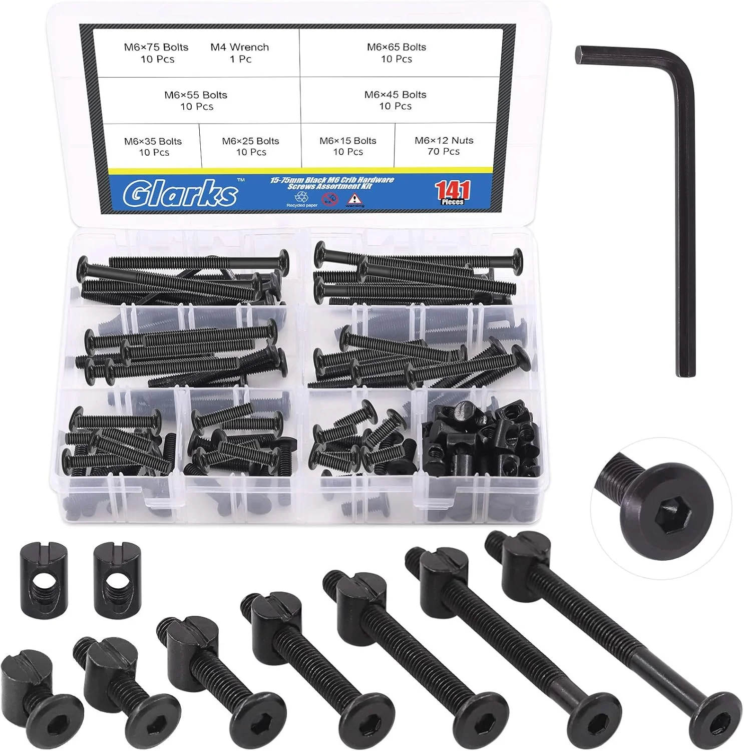 Glarks 141Pcs Baby Bed Crib Screws Hardware Replacement Kit, M6x15/ 25/35/ 45/55/ 65/ 75mm Black Hex Socket Cap Screws and Nuts Assortment Kit for Chair Table Cabinets Furniture Glarks 141Pcs Baby Bed Crib Screws Hardware Replacement Kit, M6x15/ 25/35/ 45/55/ 65/ 75mm Black Hex Socket Cap Screws and Nuts Assortment Kit for Chair Table Cabinets Furniture