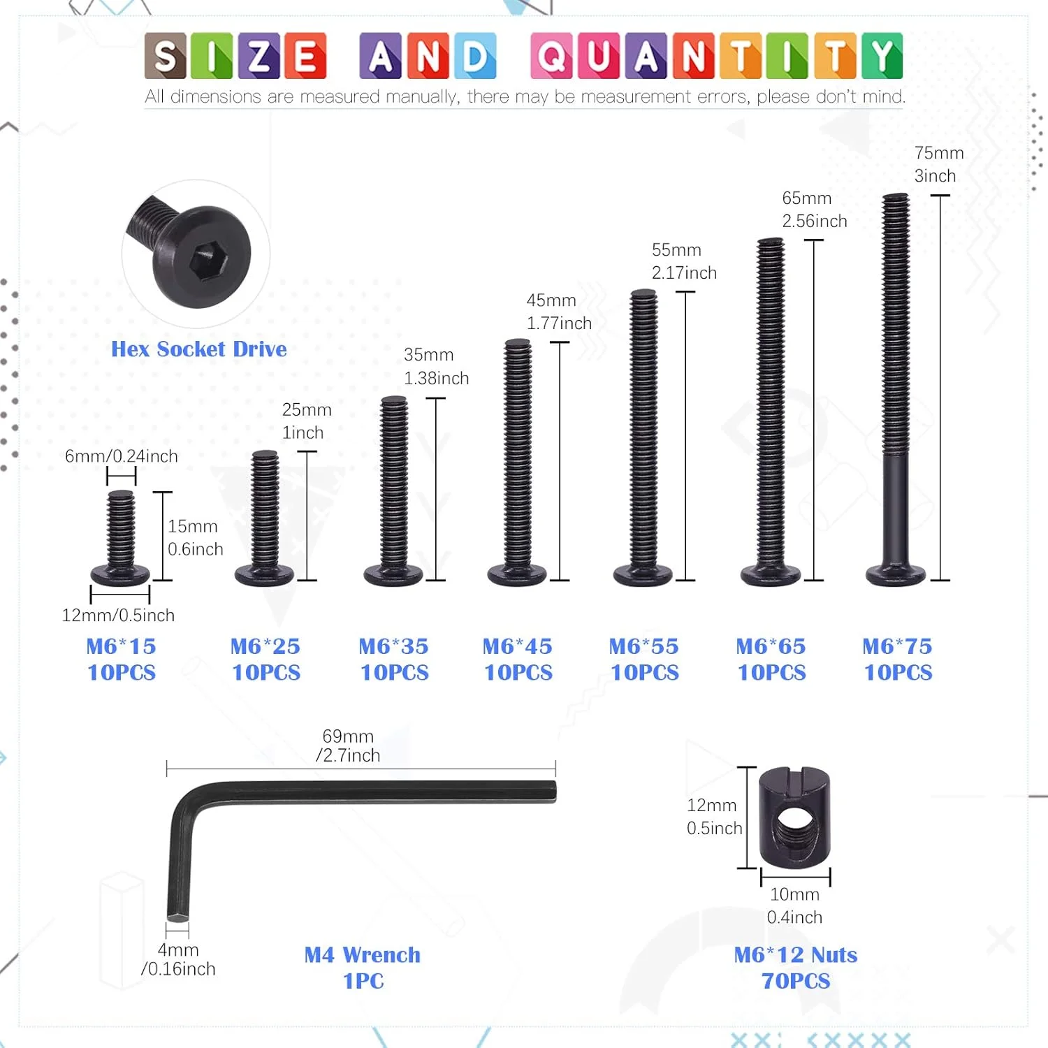 Glarks 141Pcs Baby Bed Crib Screws Hardware Replacement Kit, M6x15/ 25/35/ 45/55/ 65/ 75mm Black Hex Socket Cap Screws and Nuts Assortment Kit for Chair Table Cabinets Furniture Glarks 141Pcs Baby Bed Crib Screws Hardware Replacement Kit, M6x15/ 25/35/ 45/55/ 65/ 75mm Black Hex Socket Cap Screws and Nuts Assortment Kit for Chair Table Cabinets Furniture