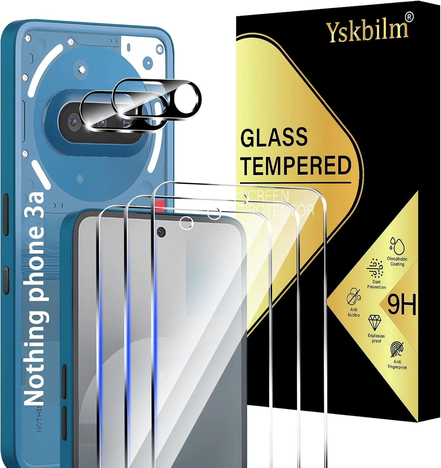 محافظ صفحه نمایش شیشه ای و محافظ لنز دوربین Yskbilm (بسته 3+2 عددی) طراحی شده برای گوشی Nothing phone 3A، [بدون حباب] [ضد خش] شیشه محافظ صفحه نمایش برای گوشی Nothing phone 3a