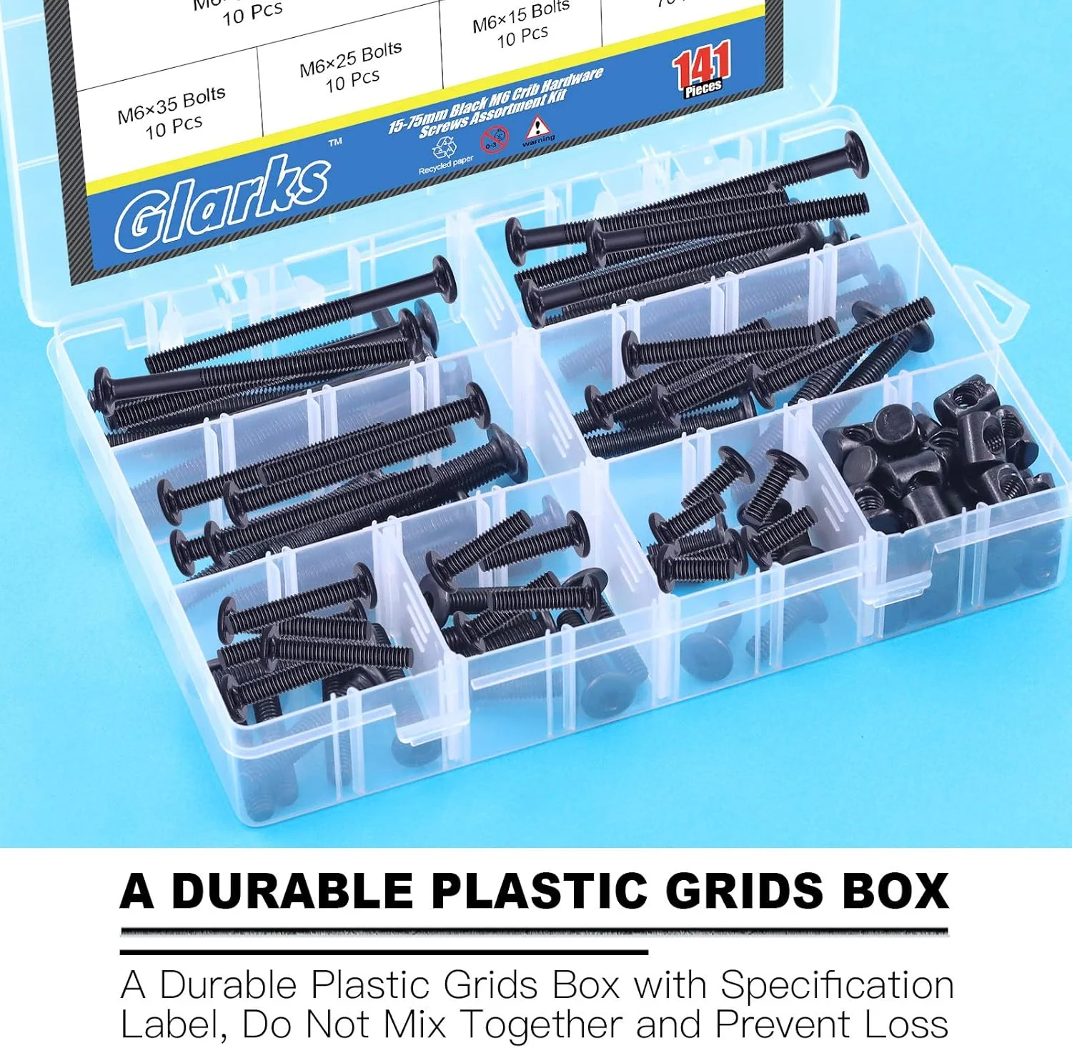 Glarks 141Pcs Baby Bed Crib Screws Hardware Replacement Kit, M6x15/ 25/35/ 45/55/ 65/ 75mm Black Hex Socket Cap Screws and Nuts Assortment Kit for Chair Table Cabinets Furniture Glarks 141Pcs Baby Bed Crib Screws Hardware Replacement Kit, M6x15/ 25/35/ 45/55/ 65/ 75mm Black Hex Socket Cap Screws and Nuts Assortment Kit for Chair Table Cabinets Furniture