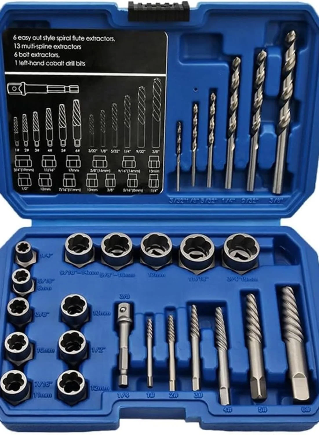 مجموعه 26 عددی ابزار استخراج مهره و پیچ شکسته، ابزار سخت افزاری فلزی برای جدا کردن پیچ های آسیب دیده مجموعه 26 عددی ابزار استخراج مهره و پیچ شکسته، ابزار سخت افزاری فلزی برای جدا کردن پیچ های آسیب دیده