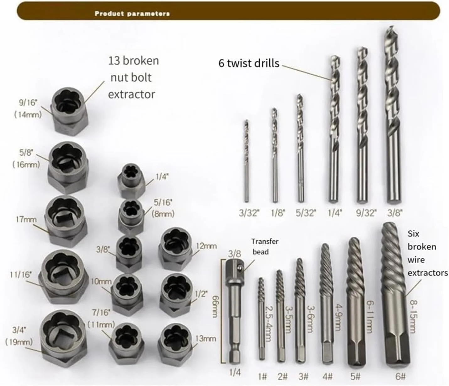 مجموعه 26 عددی ابزار استخراج مهره و پیچ شکسته، ابزار سخت افزاری فلزی برای جدا کردن پیچ های آسیب دیده مجموعه 26 عددی ابزار استخراج مهره و پیچ شکسته، ابزار سخت افزاری فلزی برای جدا کردن پیچ های آسیب دیده