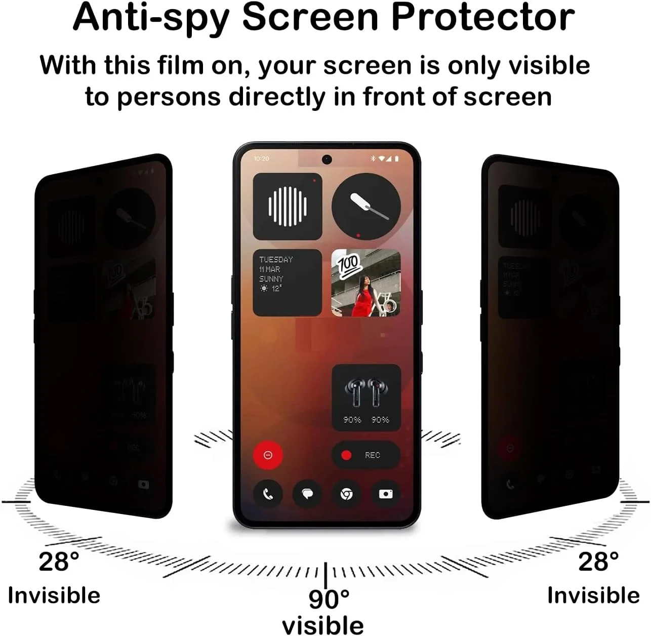 محافظ صفحه نمایش حریم خصوصی شیشه ای برای ناتینگ فون 3a/ناتینگ فون 3a پرو [2 عدد]، محافظ صفحه نمایش ضد جاسوسی، محافظ صفحه نمایش حریم خصوصی، سختی 9H، ضد خش، محافظ صفحه نمایش حریم خصوصی