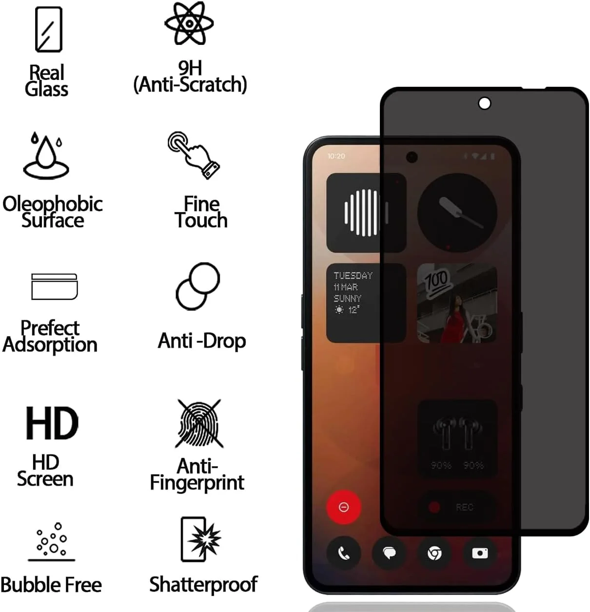 محافظ صفحه نمایش حریم خصوصی شیشه ای برای ناتینگ فون 3a/ناتینگ فون 3a پرو [2 عدد]، محافظ صفحه نمایش ضد جاسوسی، محافظ صفحه نمایش حریم خصوصی، سختی 9H، ضد خش، محافظ صفحه نمایش حریم خصوصی