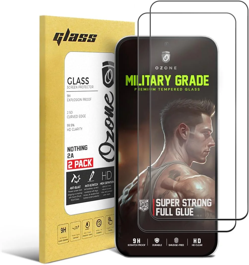 محافظ صفحه نمایش شیشه ای حرارت دیده تمام صفحه O Ozone، بسته 2 عددی، مناسب برای گوشی Nothing Phone 2a، شیشه حرارت دیده با سختی 9H، لبه مشکی، فیلم شفاف HD، محافظ صفحه نمایش سازگار با قاب