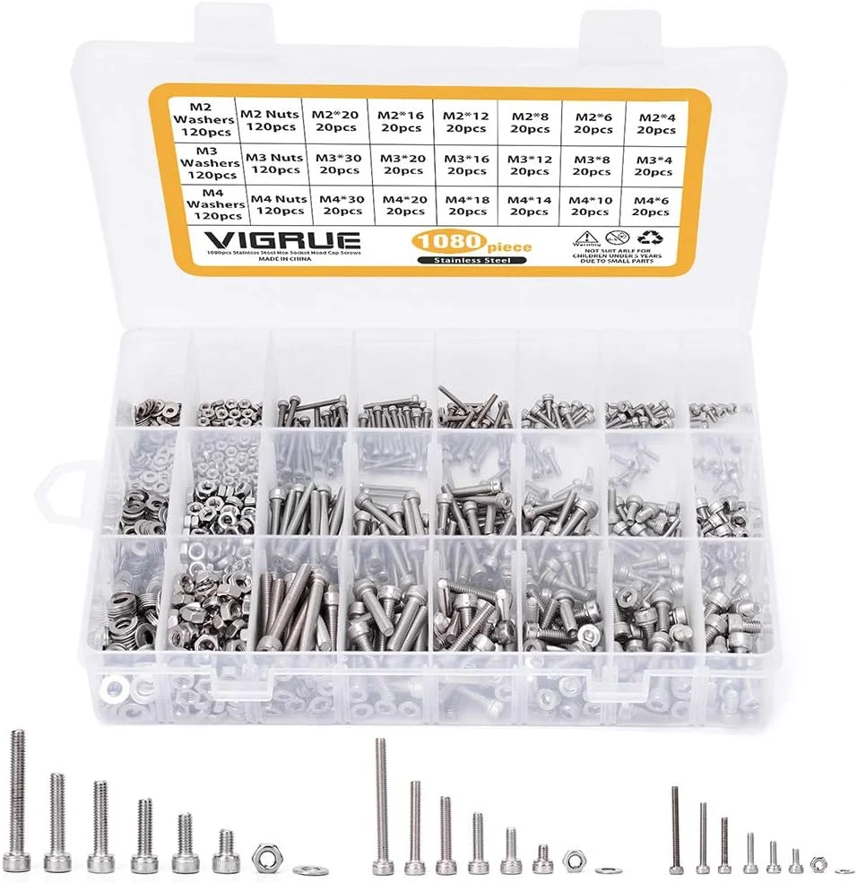 ویگرو بسته 1080 عددی پیچ استوانه ای M2 M3 M4 با سوکت شش گوش، مجموعه پیچ های رزوه ای به همراه مهره، واشر و آچار آلن ساخته شده از فولاد ضد زنگ در جعبه نگهداری ویگرو بسته 1080 عددی پیچ استوانه ای M2 M3 M4 با سوکت شش گوش، مجموعه پیچ های رزوه ای به همراه مهره، واشر و آچار آلن ساخته شده از فولاد ضد زنگ در جعبه نگهداری