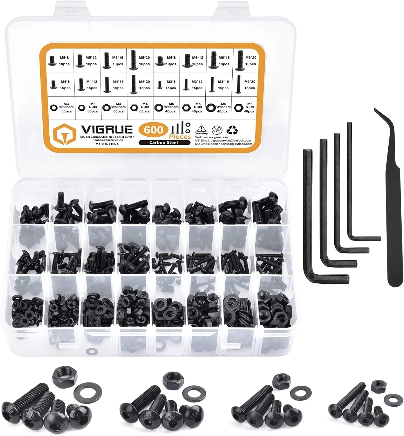 مجموعه 600 عددی پیچ های فولادی کربنی VIGRUE شامل پیچ های M3 M4 M5 M6 با سر گرد و سوکت شش گوش به همراه مهره، واشر و آچار آلن در جعبه دسته بندی شده مجموعه 600 عددی پیچ های فولادی کربنی VIGRUE شامل پیچ های M3 M4 M5 M6 با سر گرد و سوکت شش گوش به همراه مهره، واشر و آچار آلن در جعبه دسته بندی شده