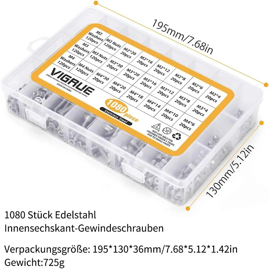 ویگرو بسته 1080 عددی پیچ استوانه ای M2 M3 M4 با سوکت شش گوش، مجموعه پیچ های رزوه ای به همراه مهره، واشر و آچار آلن ساخته شده از فولاد ضد زنگ در جعبه نگهداری ویگرو بسته 1080 عددی پیچ استوانه ای M2 M3 M4 با سوکت شش گوش، مجموعه پیچ های رزوه ای به همراه مهره، واشر و آچار آلن ساخته شده از فولاد ضد زنگ در جعبه نگهداری
