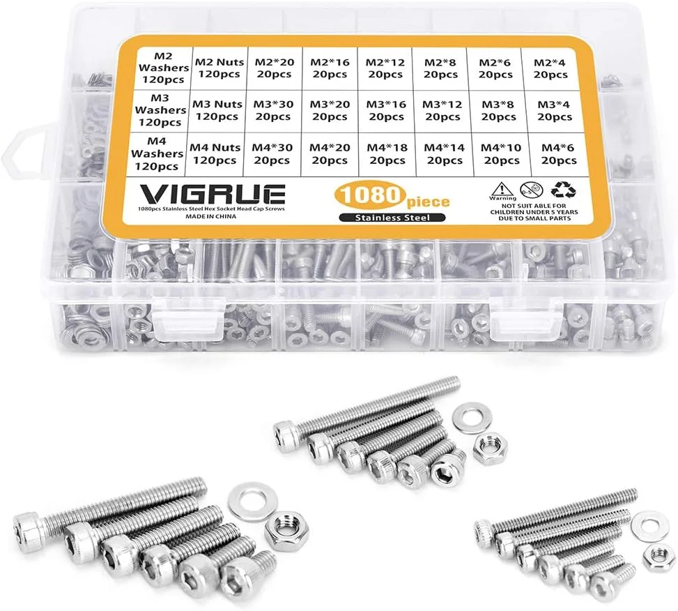 ویگرو بسته 1080 عددی پیچ استوانه ای M2 M3 M4 با سوکت شش گوش، مجموعه پیچ های رزوه ای به همراه مهره، واشر و آچار آلن ساخته شده از فولاد ضد زنگ در جعبه نگهداری ویگرو بسته 1080 عددی پیچ استوانه ای M2 M3 M4 با سوکت شش گوش، مجموعه پیچ های رزوه ای به همراه مهره، واشر و آچار آلن ساخته شده از فولاد ضد زنگ در جعبه نگهداری