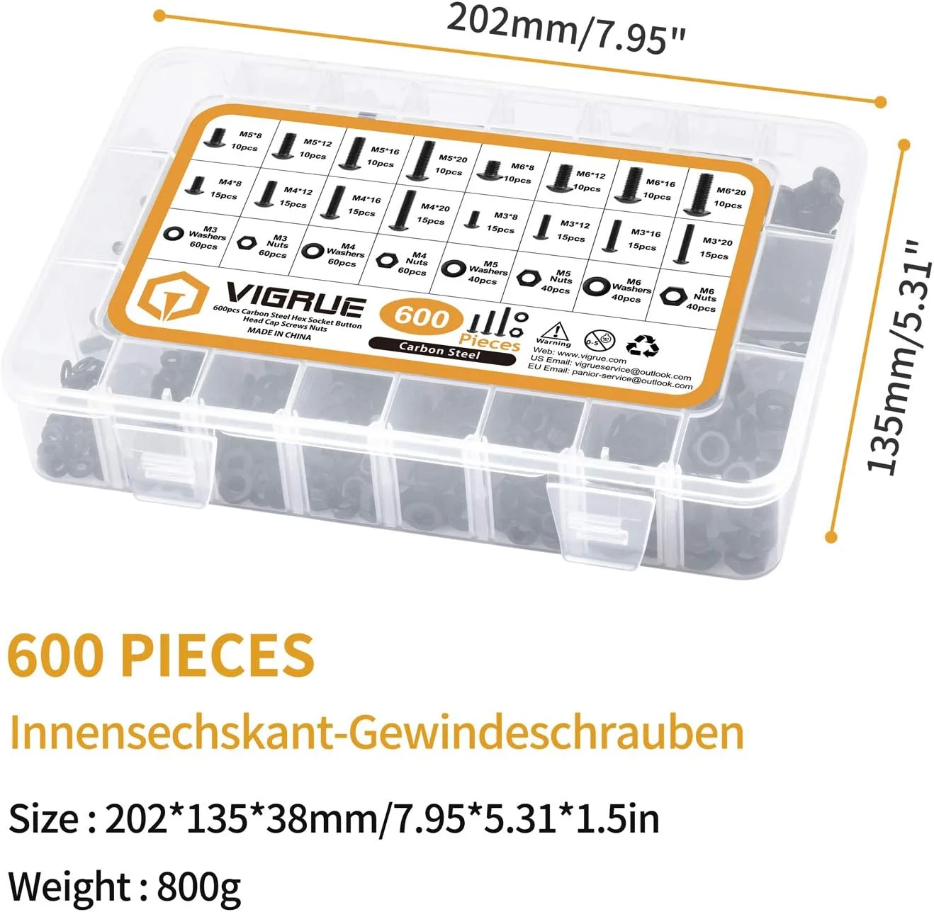 مجموعه 600 عددی پیچ های فولادی کربنی VIGRUE شامل پیچ های M3 M4 M5 M6 با سر گرد و سوکت شش گوش به همراه مهره، واشر و آچار آلن در جعبه دسته بندی شده مجموعه 600 عددی پیچ های فولادی کربنی VIGRUE شامل پیچ های M3 M4 M5 M6 با سر گرد و سوکت شش گوش به همراه مهره، واشر و آچار آلن در جعبه دسته بندی شده