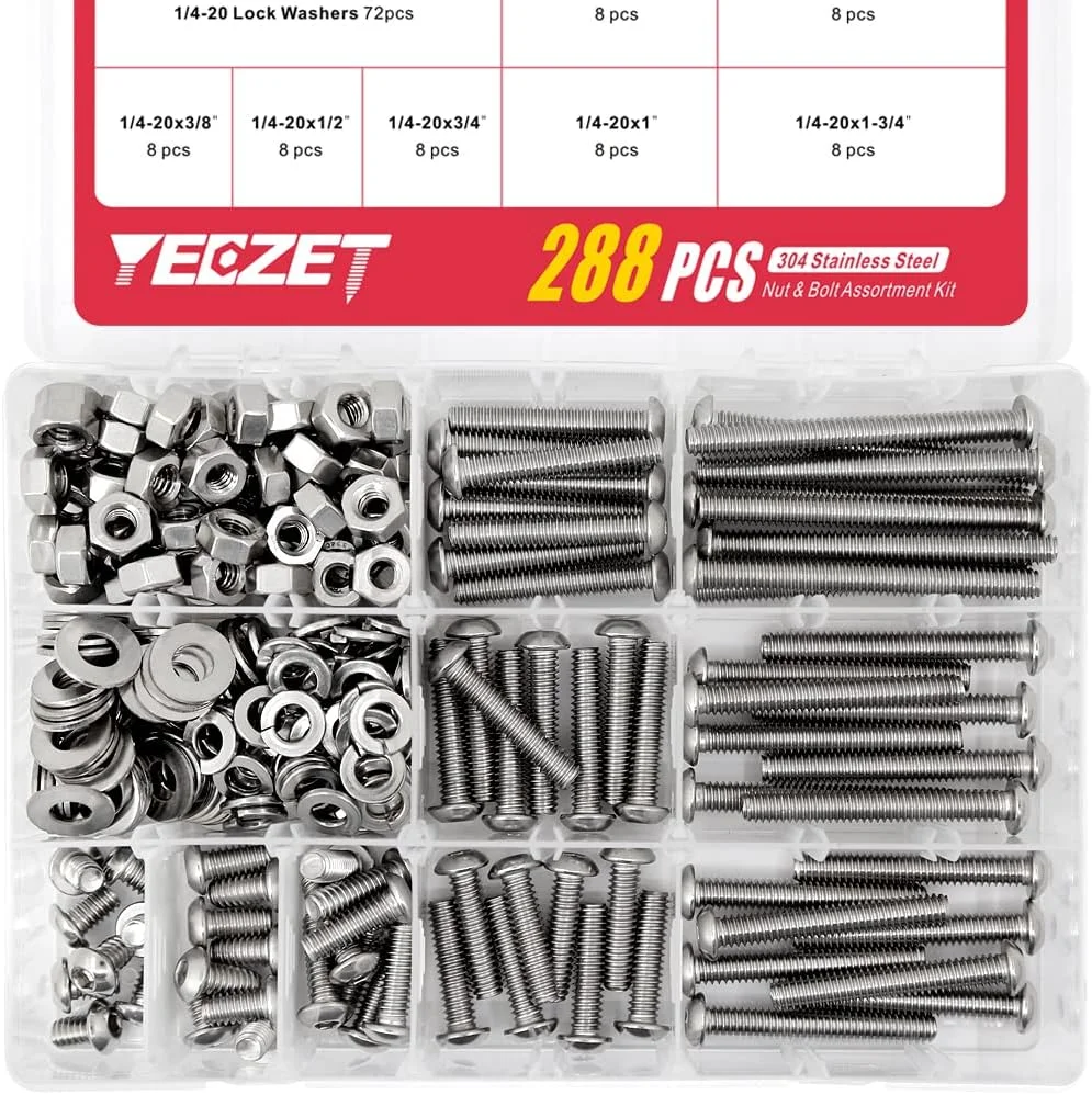 مجموعه پیچ و مهره و واشر سر دکمه ای YEEZET 288PCS 1/4-20، فولاد ضد زنگ 304 18-8، شامل 9 سایز رایج، رزوه کامل مجموعه پیچ و مهره و واشر سر دکمه ای YEEZET 288PCS 1/4-20، فولاد ضد زنگ 304 18-8، شامل 9 سایز رایج، رزوه کامل