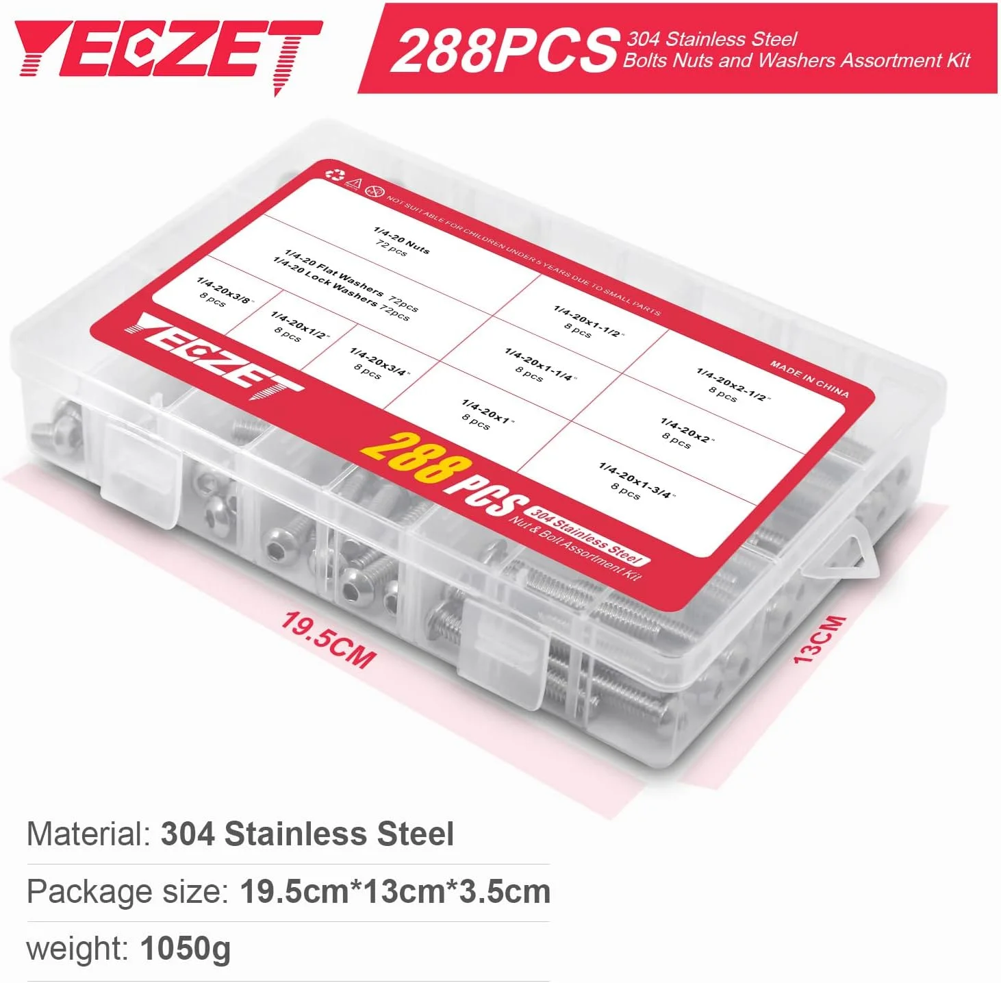 مجموعه پیچ و مهره و واشر سر دکمه ای YEEZET 288PCS 1/4-20، فولاد ضد زنگ 304 18-8، شامل 9 سایز رایج، رزوه کامل مجموعه پیچ و مهره و واشر سر دکمه ای YEEZET 288PCS 1/4-20، فولاد ضد زنگ 304 18-8، شامل 9 سایز رایج، رزوه کامل