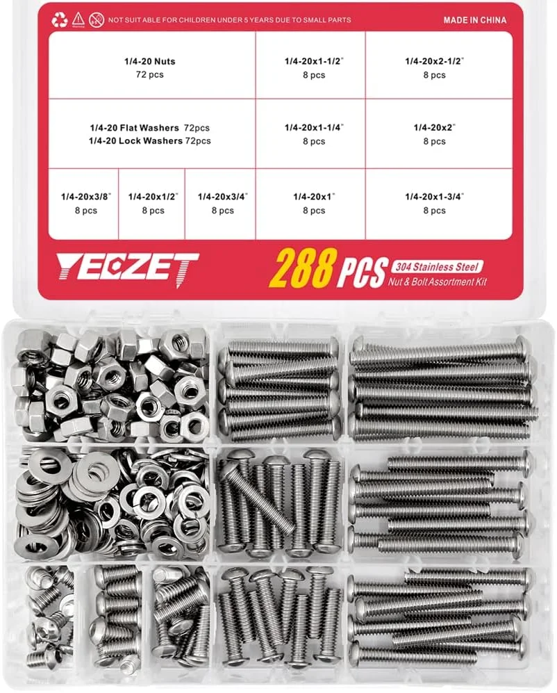 مجموعه پیچ و مهره و واشر سر دکمه ای YEEZET 288PCS 1/4-20، فولاد ضد زنگ 304 18-8، شامل 9 سایز رایج، رزوه کامل مجموعه پیچ و مهره و واشر سر دکمه ای YEEZET 288PCS 1/4-20، فولاد ضد زنگ 304 18-8، شامل 9 سایز رایج، رزوه کامل