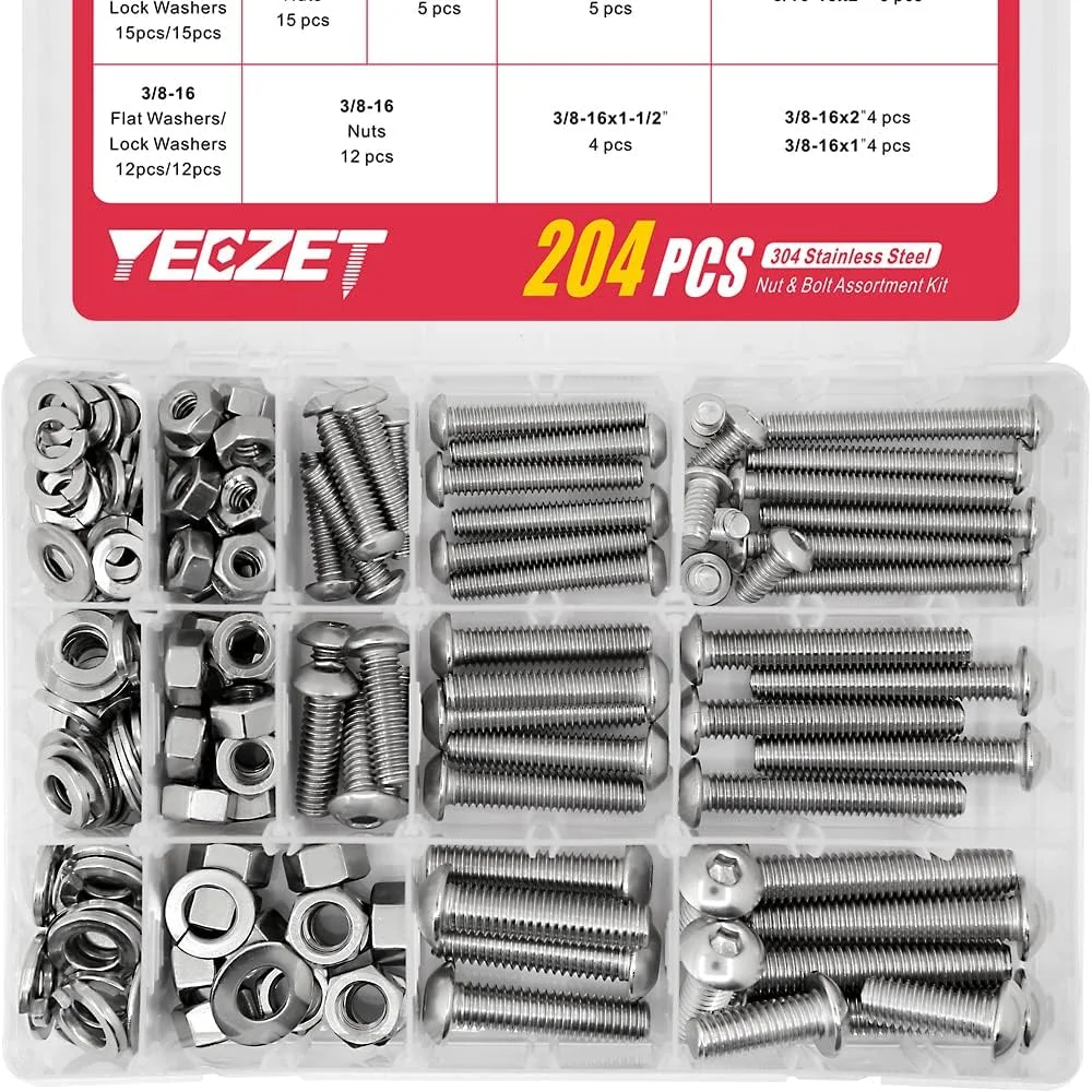 مجموعه پیچ و مهره و واشر سر دکمه ای YEEZET شامل 204 قطعه، استیل ضد زنگ 304 (18-8)، شامل 10 سایز رایج (1/4-20, 5/16-18, 3/8-16) مجموعه پیچ و مهره و واشر سر دکمه ای YEEZET شامل 204 قطعه، استیل ضد زنگ 304 (18-8)، شامل 10 سایز رایج (1/4-20, 5/16-18, 3/8-16)