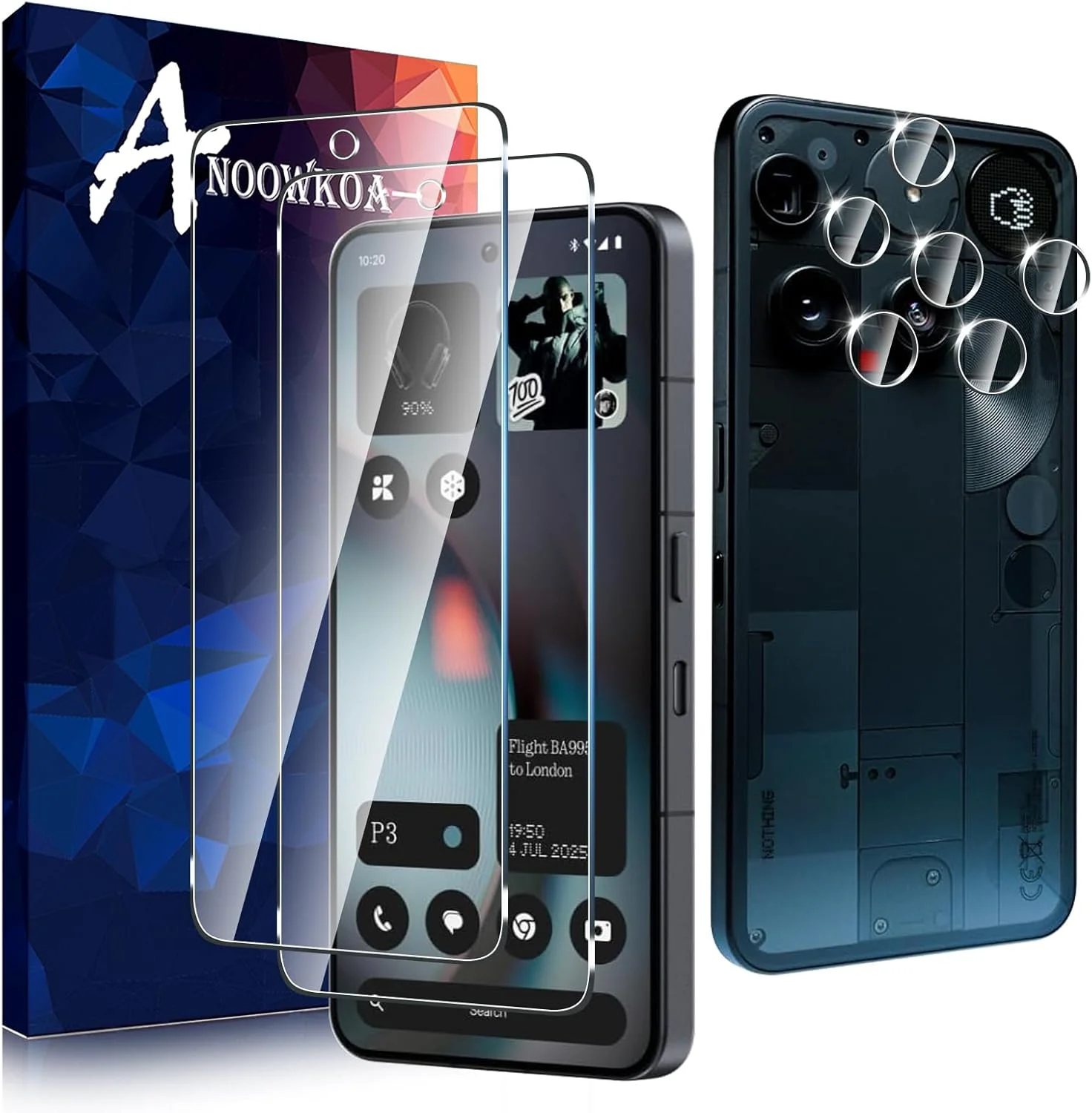 محافظ صفحه نمایش 2 عددی Anoowkoa برای Nothing Phone 3 2025 (مناسب برای Nothing Phone 3a نیست) و محافظ لنز دوربین شیشه ای حرارت دیده 2 عددی. سختی 9H. پشتیبانی از باز کردن قفل با اثر انگشت بدون حباب. نصب آسان