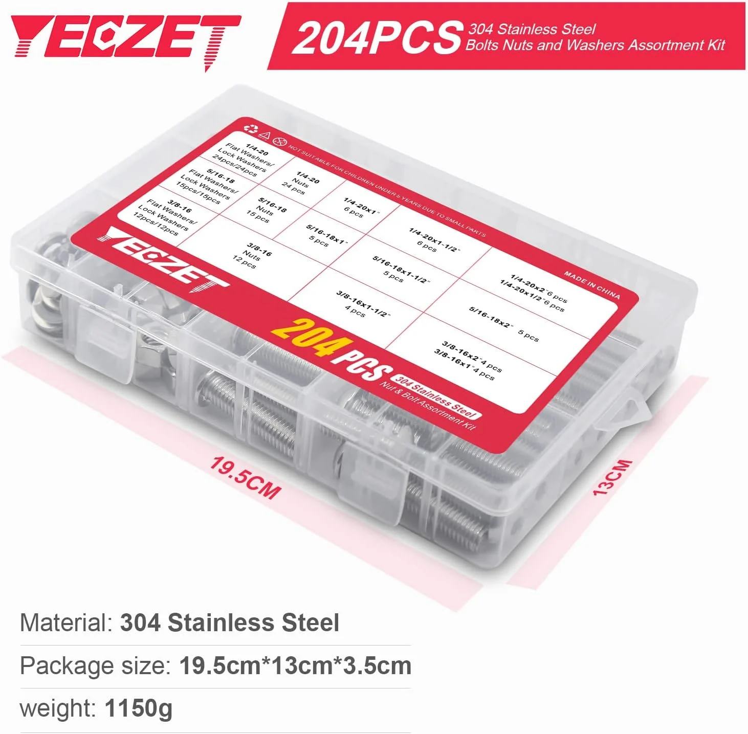 مجموعه پیچ و مهره و واشر سر دکمه ای YEEZET شامل 204 قطعه، استیل ضد زنگ 304 (18-8)، شامل 10 سایز رایج (1/4-20, 5/16-18, 3/8-16)