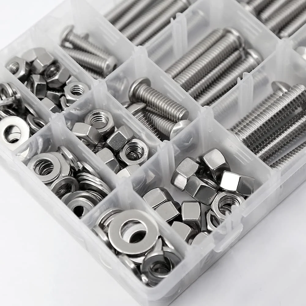 مجموعه پیچ و مهره و واشر سر دکمه ای YEEZET شامل 204 قطعه، استیل ضد زنگ 304 (18-8)، شامل 10 سایز رایج (1/4-20, 5/16-18, 3/8-16)