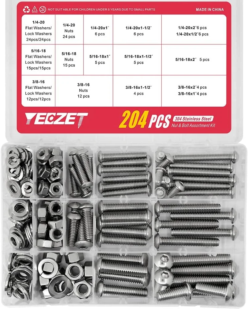 مجموعه پیچ و مهره و واشر سر دکمه ای YEEZET شامل 204 قطعه، استیل ضد زنگ 304 (18-8)، شامل 10 سایز رایج (1/4-20, 5/16-18, 3/8-16)