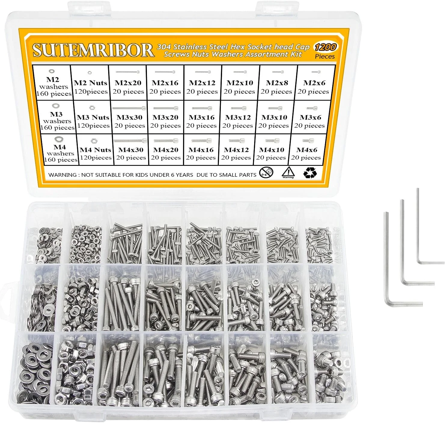 مجموعه 1200 عددی پیچ، مهره و واشر استیل ضد زنگ Sutemribor 304، شامل پیچهای آلن M2 M3 M4 با آچار آلن مجموعه 1200 عددی پیچ، مهره و واشر استیل ضد زنگ Sutemribor 304، شامل پیچهای آلن M2 M3 M4 با آچار آلن