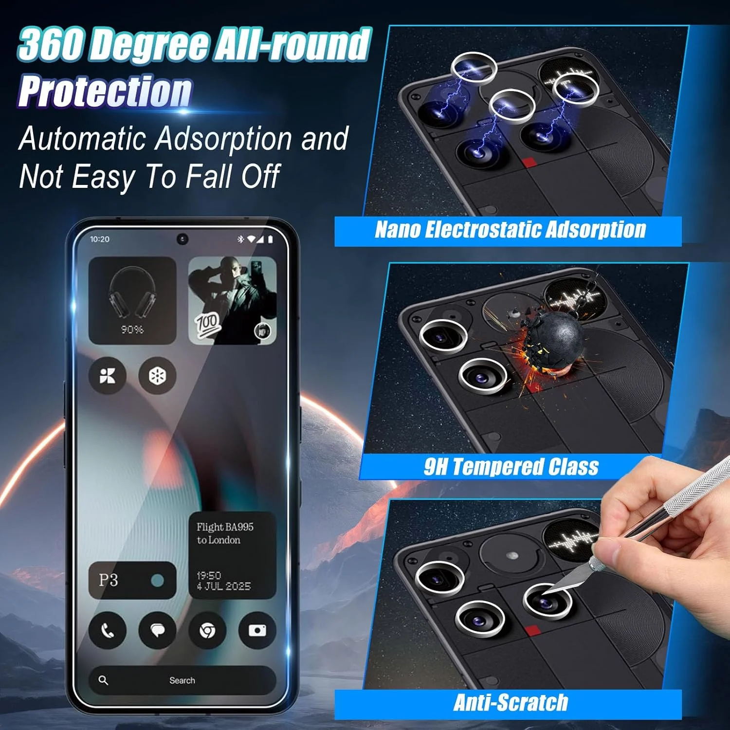 محافظ صفحه نمایش Wookfiss برای Nothing Phone (3)، بسته 2 عددی محافظ صفحه شیشه ای حرارت دیده و 2 محافظ دوربین، سختی 9H، ضد خش، ضد حباب، فیلم محافظ صفحه نمایش شفاف HD