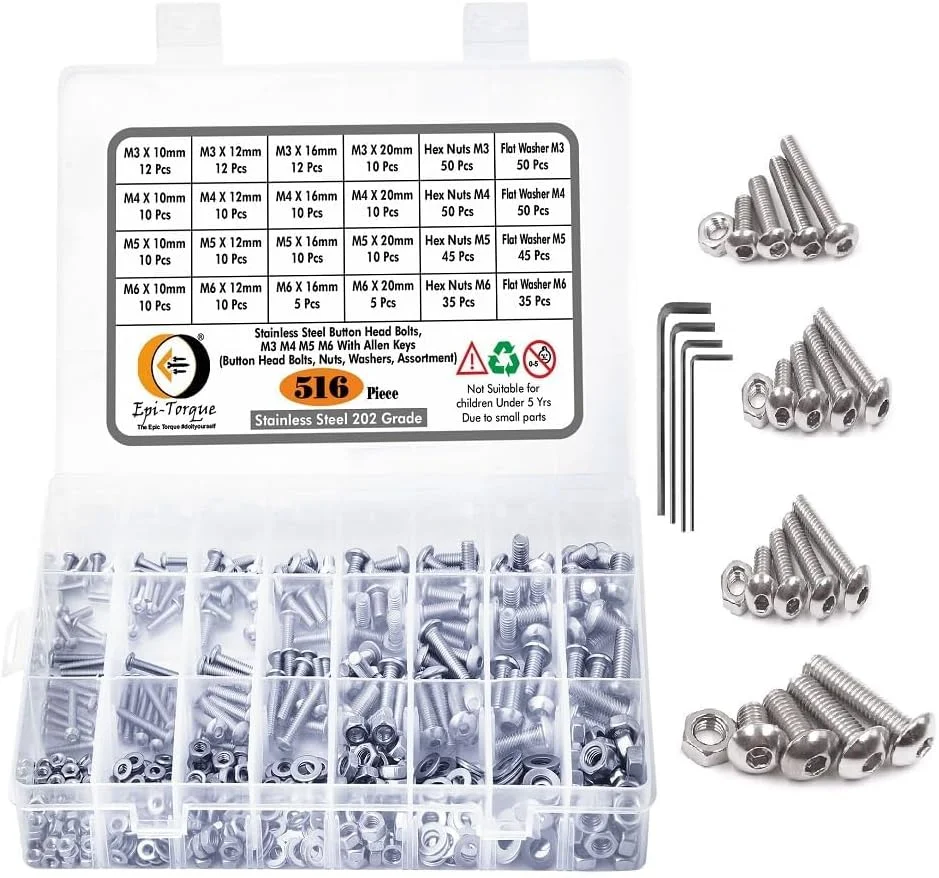 Epi-Torque; پیچ و مهره آلن سر دکمه ای استیل ضد زنگ گرید 202 مدل #Doityourself سایز M3 M4 M5 M6 به همراه مهره، واشر و آچار آلن، بسته 516 عددی