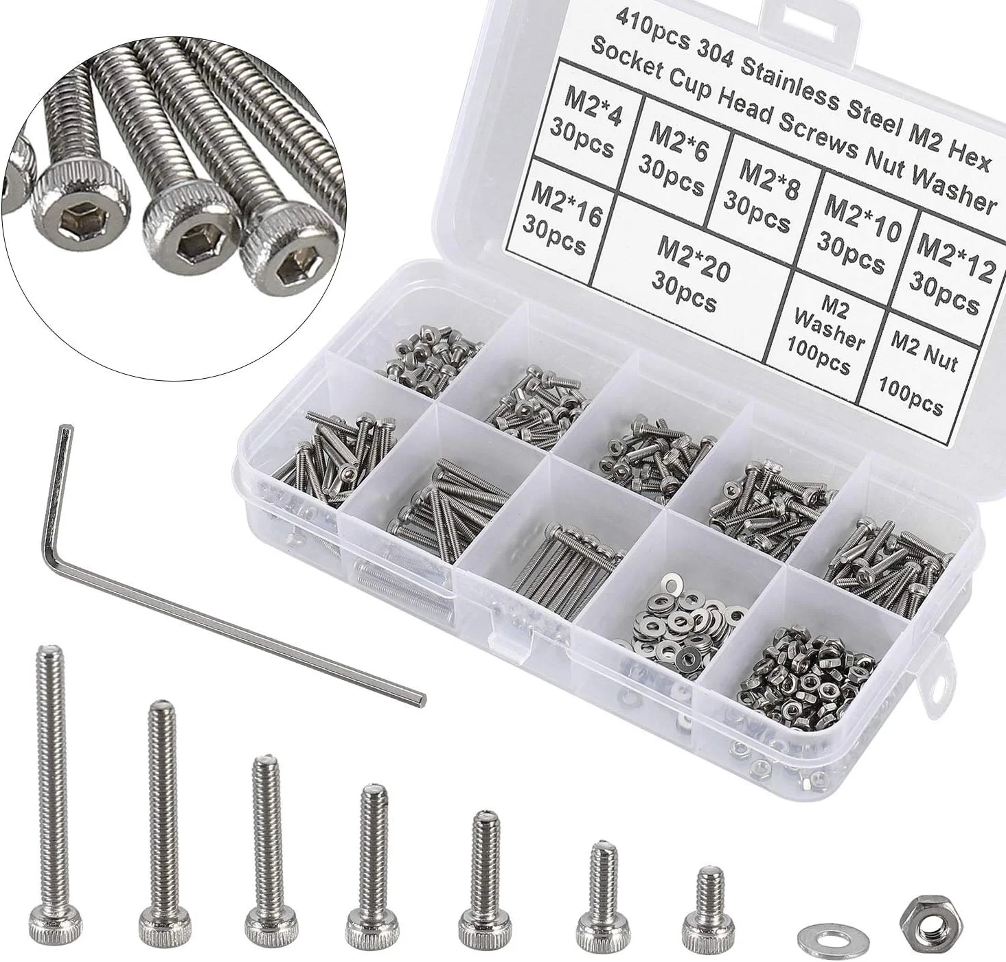 مجموعه 410 عددی پیچ و مهره و واشر سر استوانه ای آلن خور M2 هانتوف، شامل پیچ های M2 در اندازه های 4mm/6mm/8mm/10mm/12mm/16mm/20mm به همراه آچار آلن، پیچ های ماشینی M2، ساخته شده از استیل ضد زنگ 304 مجموعه 410 عددی پیچ و مهره و واشر سر استوانه ای آلن خور M2 هانتوف، شامل پیچ های M2 در اندازه های 4mm/6mm/8mm/10mm/12mm/16mm/20mm به همراه آچار آلن، پیچ های ماشینی M2، ساخته شده از استیل ضد زنگ 304