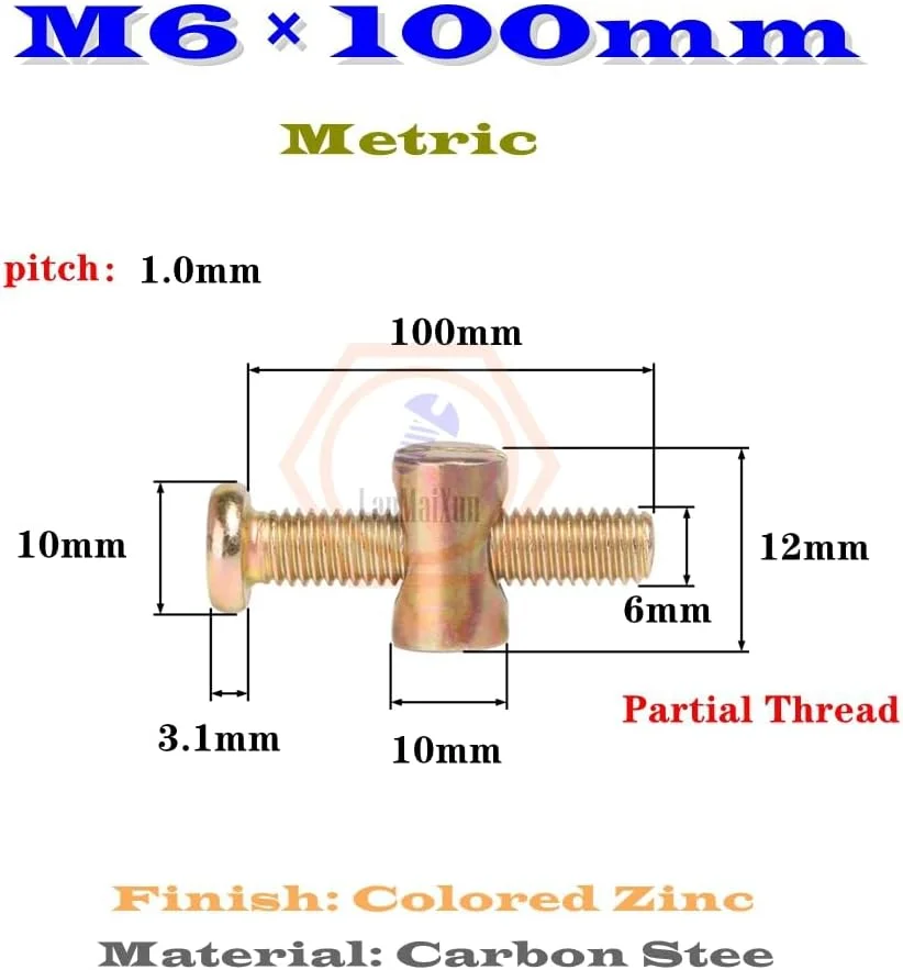 LanMaiXun 10 مجموعه پیچ و مهره M6×100mm با روکش روی، سر استوانه ای شش گوش و مهره های استوانه ای