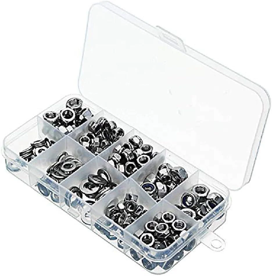 کیت 255 عددی مهره های قفلی و واشر با جعبه دسته بندی بادوام، کیت گلچین مهره های قفلی استیل ضد زنگ M4 M5 M6 مهره های شش گوش