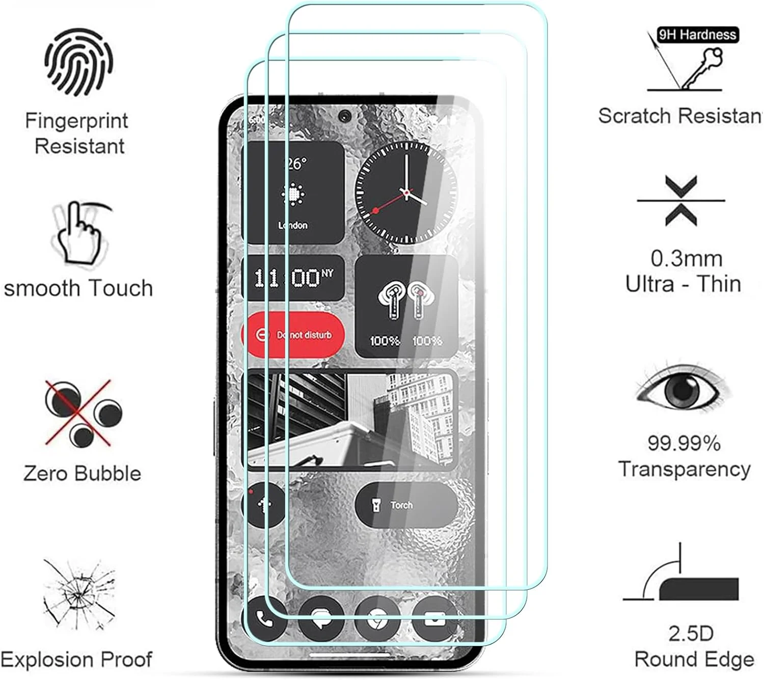 محافظ صفحه نمایش شیشه ای تمپرد AYSOW برای ناتینگ فون 2، شیشه ممتاز 0.3 میلی متر با سختی 9H، فیلم 2.5D، ضد خش، نصب آسان، محافظ صفحه نمایش برای ناتینگ فون 2 [بسته 3 عددی]