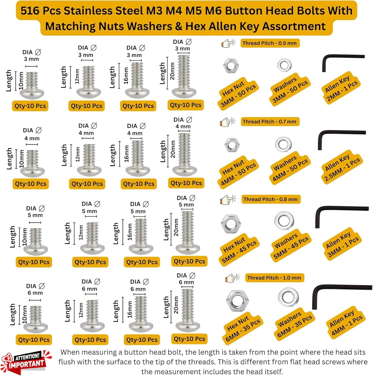 Epi-Torque; پیچ و مهره آلن سر دکمه ای استیل ضد زنگ گرید 202 مدل #Doityourself سایز M3 M4 M5 M6 به همراه مهره، واشر و آچار آلن، بسته 516 عددی