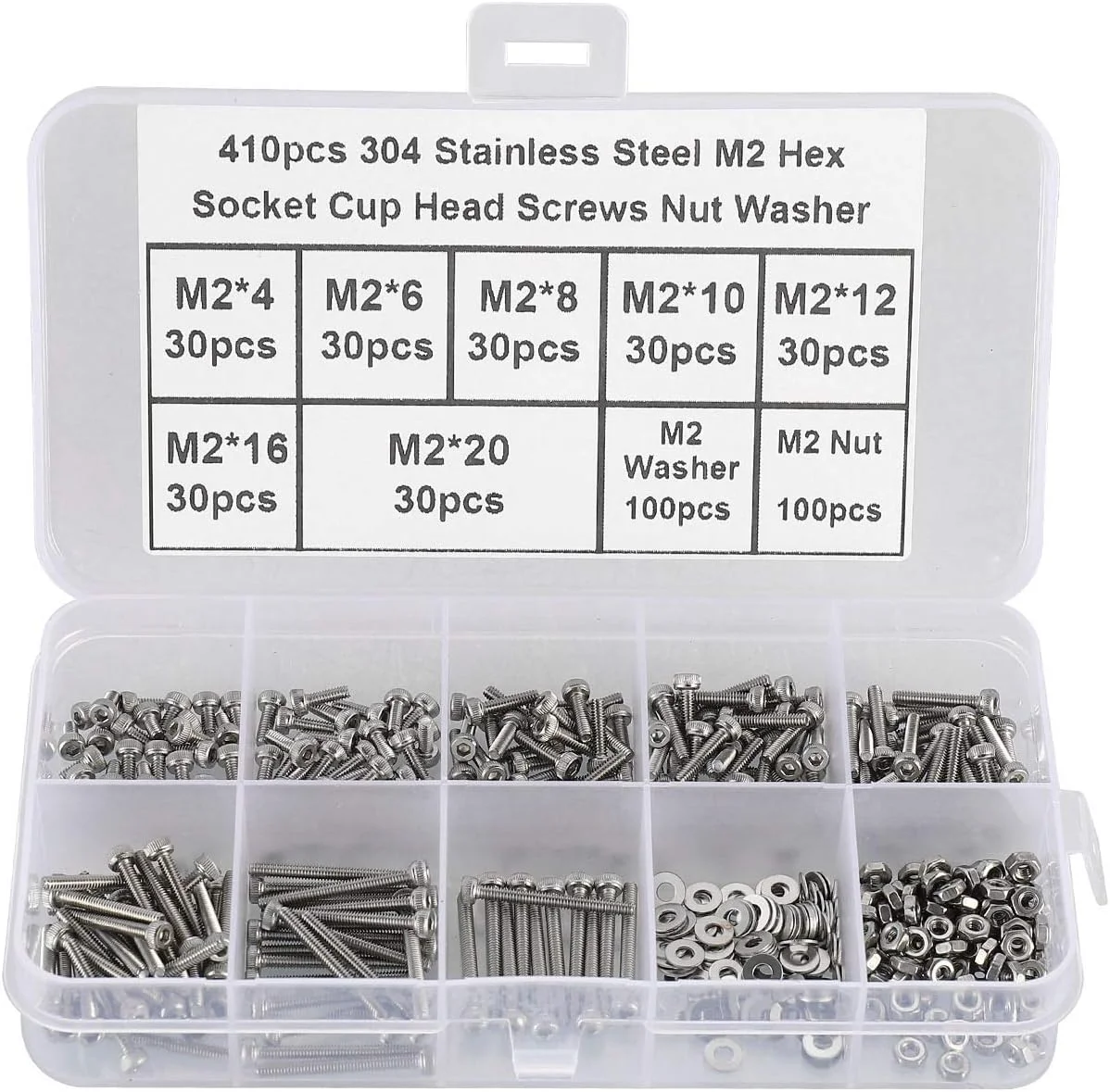 مجموعه 410 عددی پیچ و مهره و واشر سر استوانه ای آلن خور M2 هانتوف، شامل پیچ های M2 در اندازه های 4mm/6mm/8mm/10mm/12mm/16mm/20mm به همراه آچار آلن، پیچ های ماشینی M2، ساخته شده از استیل ضد زنگ 304 مجموعه 410 عددی پیچ و مهره و واشر سر استوانه ای آلن خور M2 هانتوف، شامل پیچ های M2 در اندازه های 4mm/6mm/8mm/10mm/12mm/16mm/20mm به همراه آچار آلن، پیچ های ماشینی M2، ساخته شده از استیل ضد زنگ 304