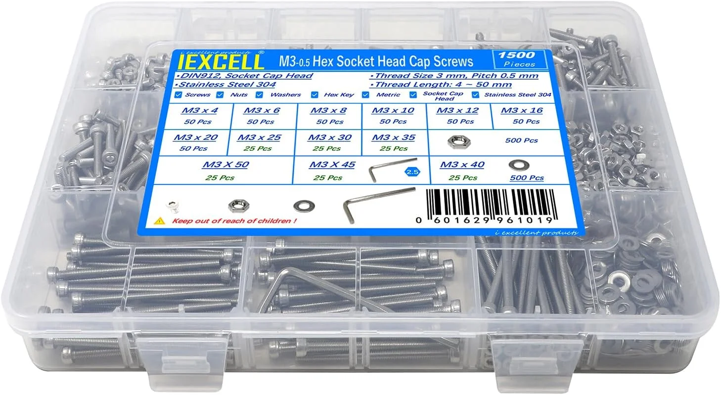 مجموعه 1500 عددی پیچ و مهره و واشر استیل M3 با سر استوانه ای و سوکت شش گوش iExcell مدل 304