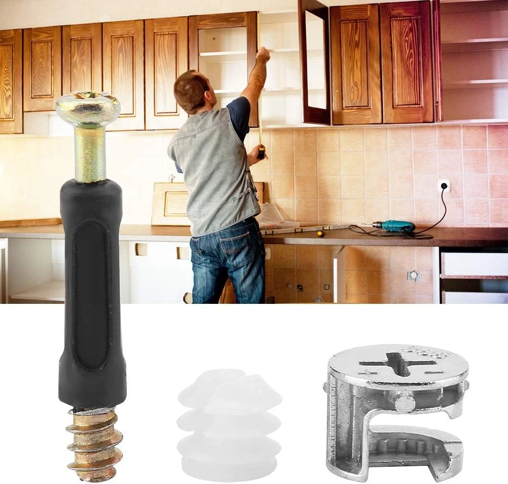 اتصال دهنده کابینت مبلمان 25 عددی، اتصالات بادامک ضخیم اتصال دهنده مبلمان کابینت با میله و مهره از پیش وارد شده، بست های قفل بادامک مبلمان، پین های مهره و پیچ