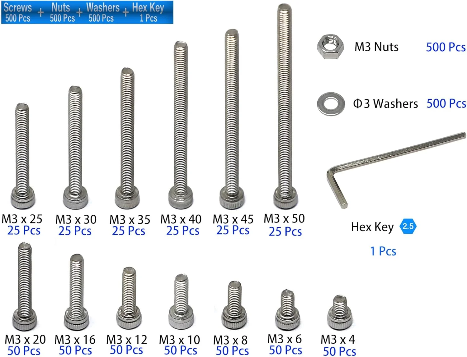 مجموعه 1500 عددی پیچ و مهره و واشر استیل M3 با سر استوانه ای و سوکت شش گوش iExcell مدل 304