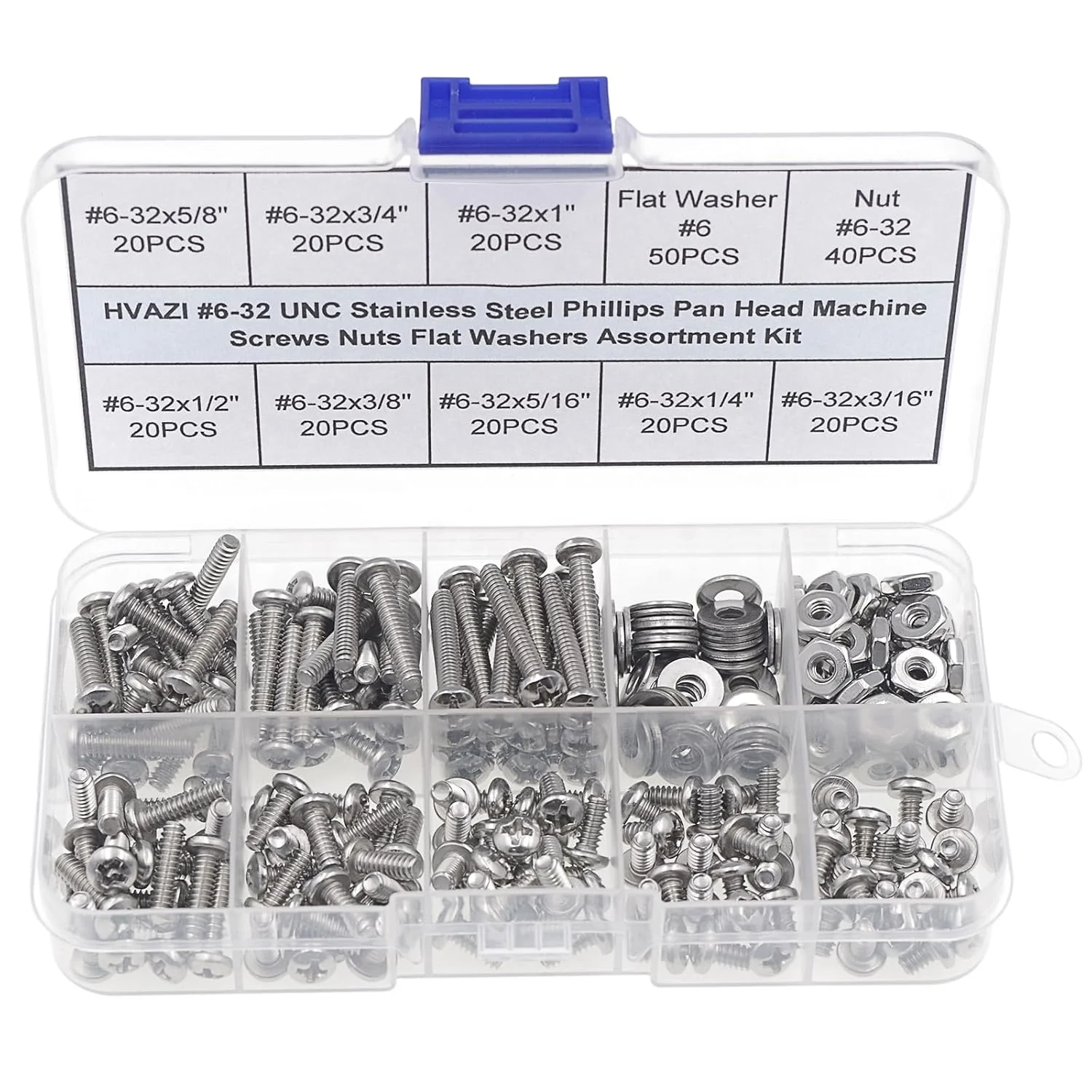 HVAZI #6-32 UNC Stainless Steel Phillips Pan Head Machine Screws Nuts Flat Washers Assortment Kit
