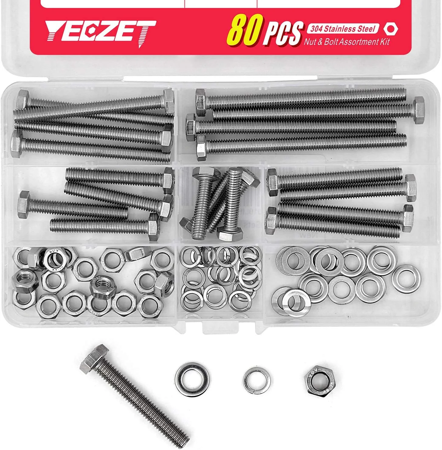 YEEZET 20 مجموعه پیچ و مهره M6 استیل ضد زنگ با سر شش گوش، واشرهای تخت و قفلی، کیت متنوع، استیل ضد زنگ 304 18-8، رزوه کامل ماشین کاری شده 25mm 40mm 50mm 60mm 80mm YEEZET 20 مجموعه پیچ و مهره M6 استیل ضد زنگ با سر شش گوش، واشرهای تخت و قفلی، کیت متنوع، استیل ضد زنگ 304 18-8، رزوه کامل ماشین کاری شده 25mm 40mm 50mm 60mm 80mm