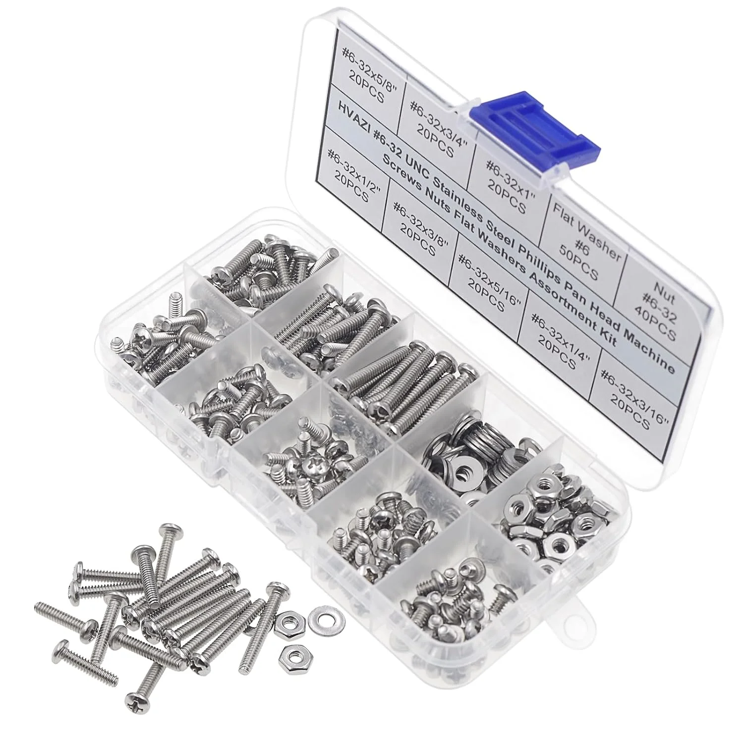 HVAZI #6-32 UNC Stainless Steel Phillips Pan Head Machine Screws Nuts Flat Washers Assortment Kit