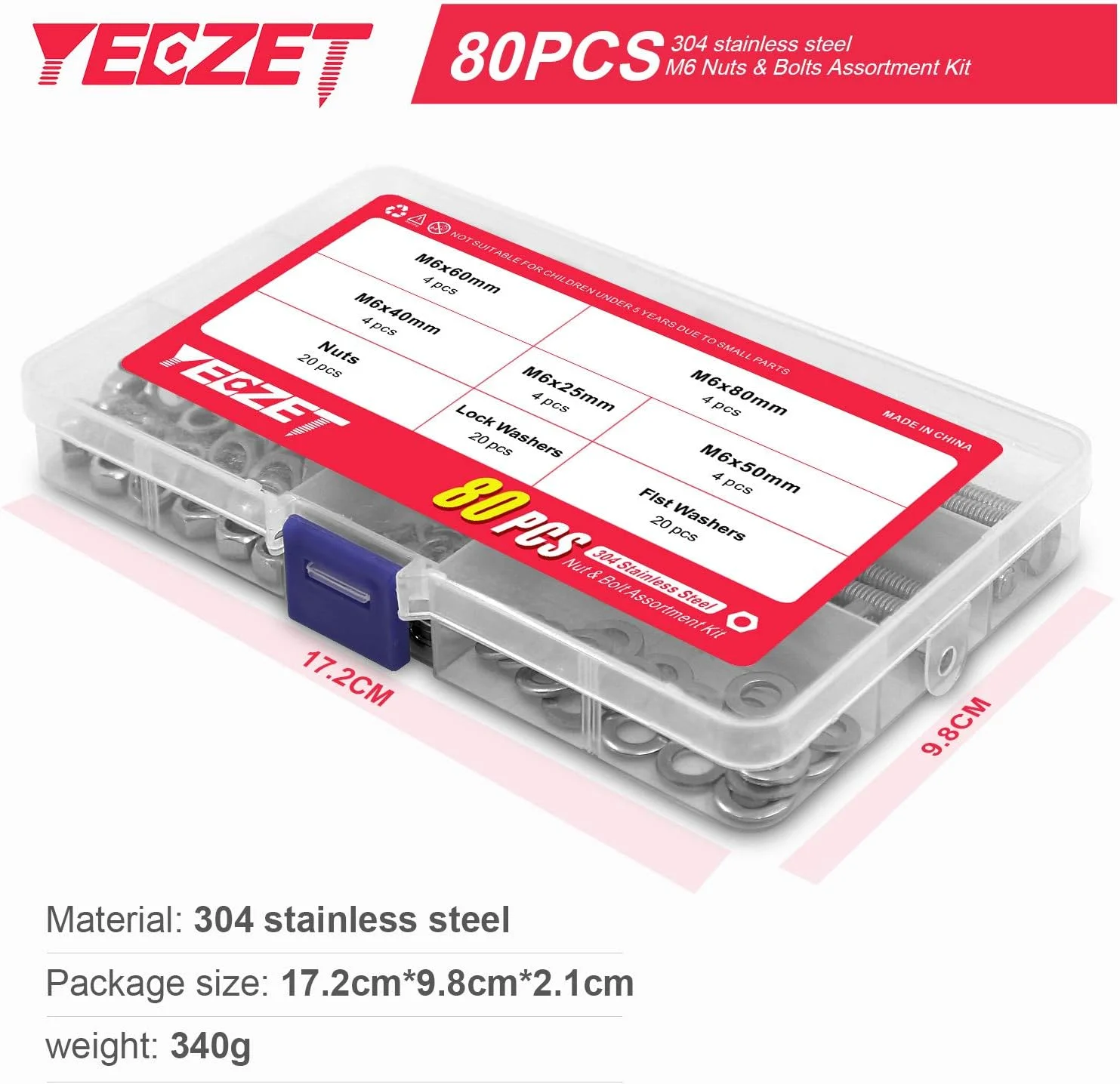 YEEZET 20 مجموعه پیچ و مهره M6 استیل ضد زنگ با سر شش گوش، واشرهای تخت و قفلی، کیت متنوع، استیل ضد زنگ 304 18-8، رزوه کامل ماشین کاری شده 25mm 40mm 50mm 60mm 80mm YEEZET 20 مجموعه پیچ و مهره M6 استیل ضد زنگ با سر شش گوش، واشرهای تخت و قفلی، کیت متنوع، استیل ضد زنگ 304 18-8، رزوه کامل ماشین کاری شده 25mm 40mm 50mm 60mm 80mm