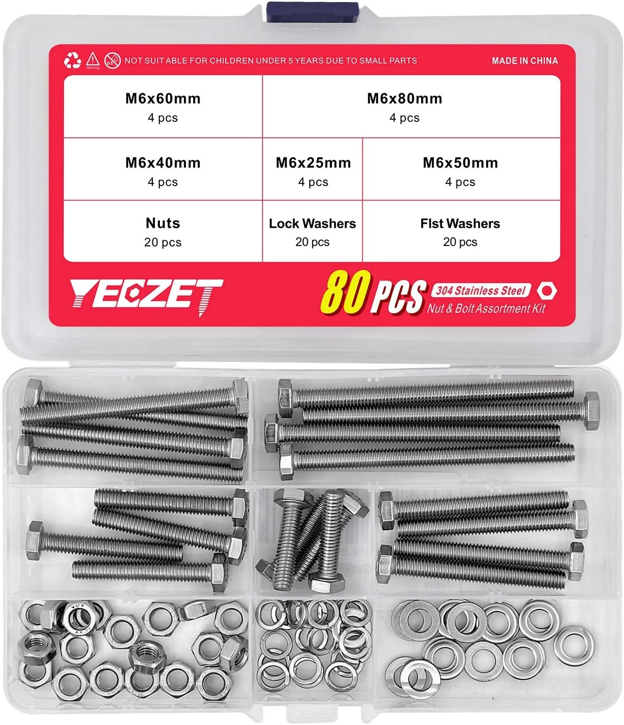 YEEZET 20 مجموعه پیچ و مهره M6 استیل ضد زنگ با سر شش گوش، واشرهای تخت و قفلی، کیت متنوع، استیل ضد زنگ 304 18-8، رزوه کامل ماشین کاری شده 25mm 40mm 50mm 60mm 80mm YEEZET 20 مجموعه پیچ و مهره M6 استیل ضد زنگ با سر شش گوش، واشرهای تخت و قفلی، کیت متنوع، استیل ضد زنگ 304 18-8، رزوه کامل ماشین کاری شده 25mm 40mm 50mm 60mm 80mm