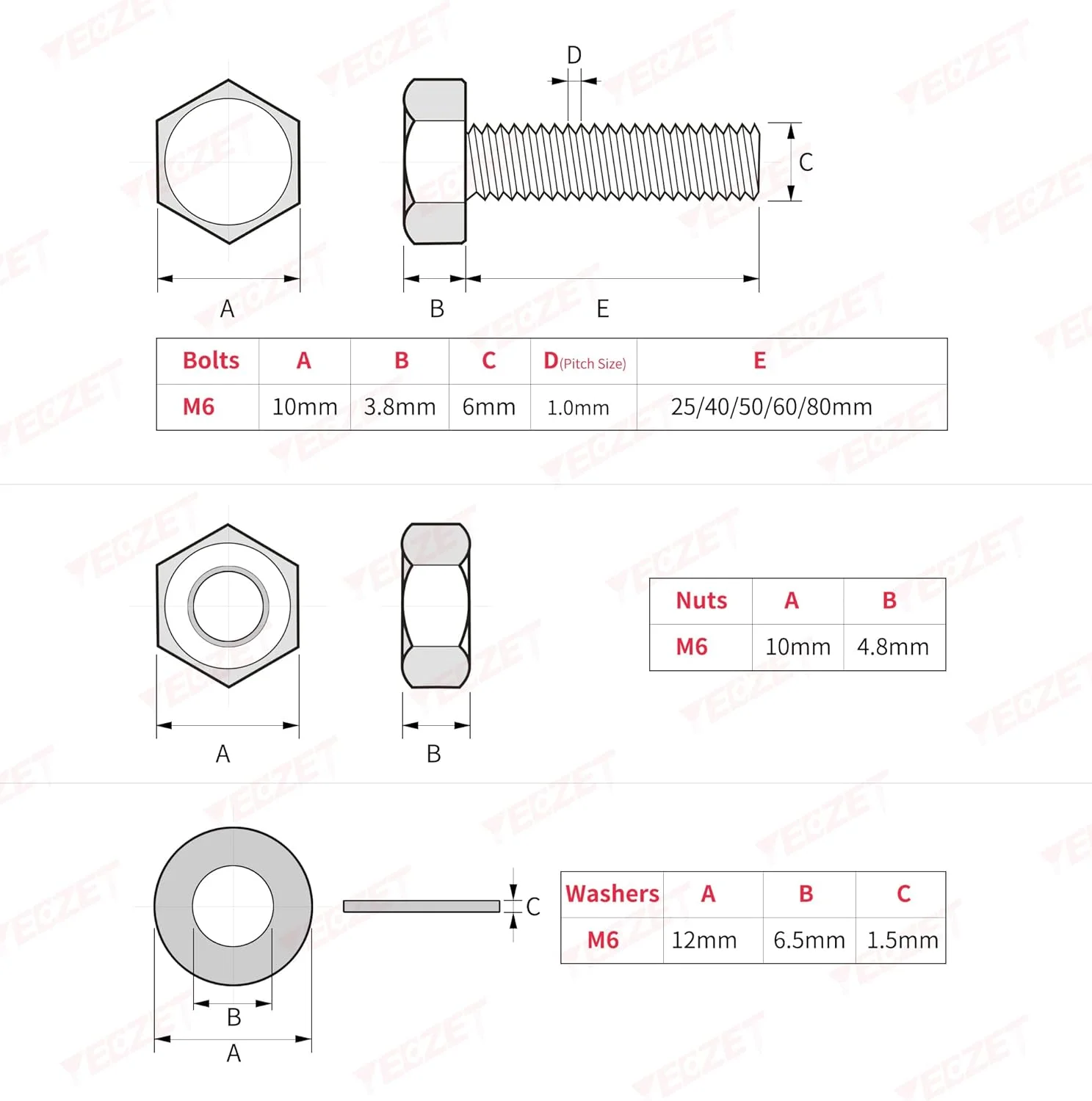 YEEZET 20 مجموعه پیچ و مهره M6 استیل ضد زنگ با سر شش گوش، واشرهای تخت و قفلی، کیت متنوع، استیل ضد زنگ 304 18-8، رزوه کامل ماشین کاری شده 25mm 40mm 50mm 60mm 80mm YEEZET 20 مجموعه پیچ و مهره M6 استیل ضد زنگ با سر شش گوش، واشرهای تخت و قفلی، کیت متنوع، استیل ضد زنگ 304 18-8، رزوه کامل ماشین کاری شده 25mm 40mm 50mm 60mm 80mm