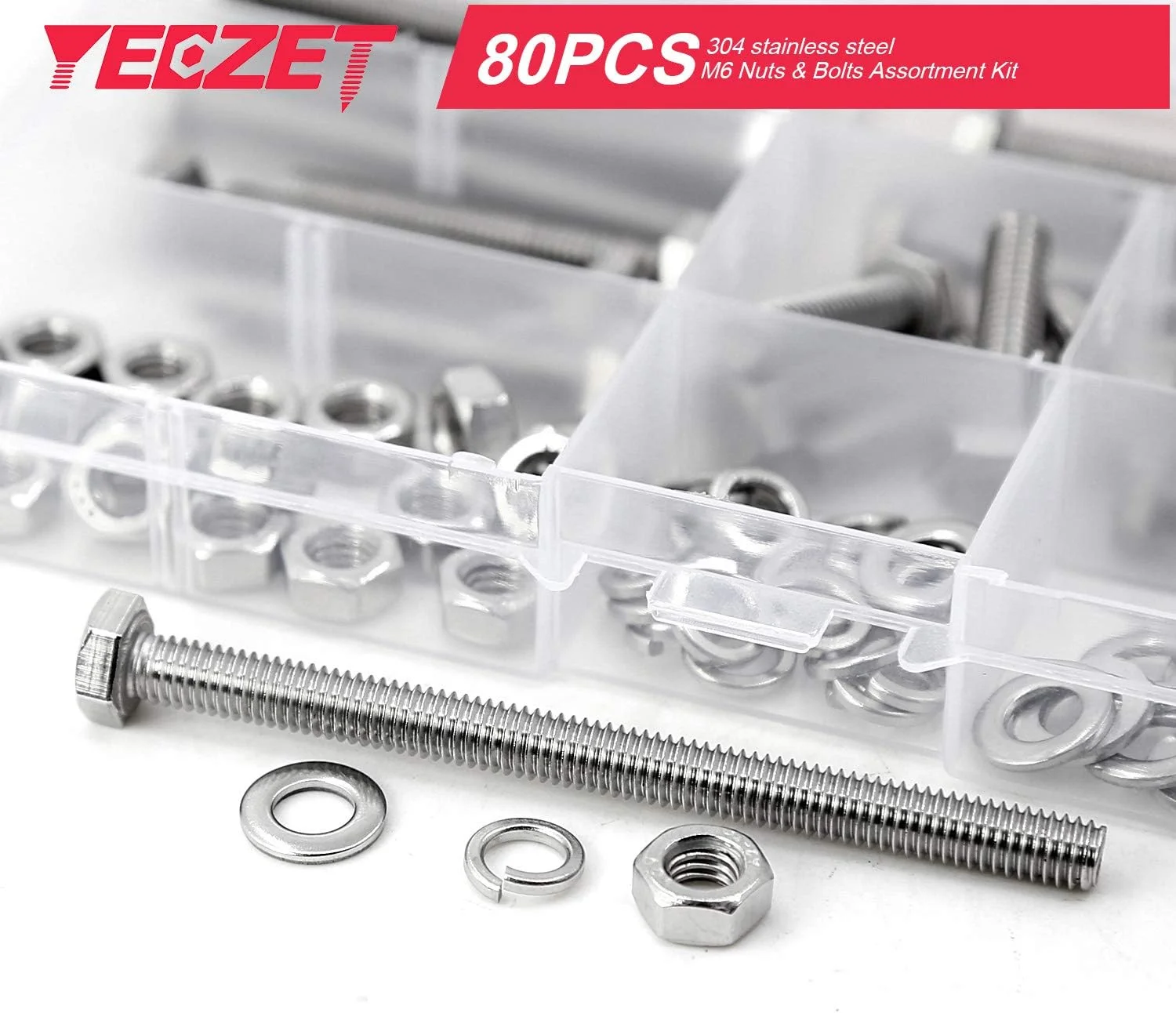 YEEZET 20 مجموعه پیچ و مهره M6 استیل ضد زنگ با سر شش گوش، واشرهای تخت و قفلی، کیت متنوع، استیل ضد زنگ 304 18-8، رزوه کامل ماشین کاری شده 25mm 40mm 50mm 60mm 80mm YEEZET 20 مجموعه پیچ و مهره M6 استیل ضد زنگ با سر شش گوش، واشرهای تخت و قفلی، کیت متنوع، استیل ضد زنگ 304 18-8، رزوه کامل ماشین کاری شده 25mm 40mm 50mm 60mm 80mm