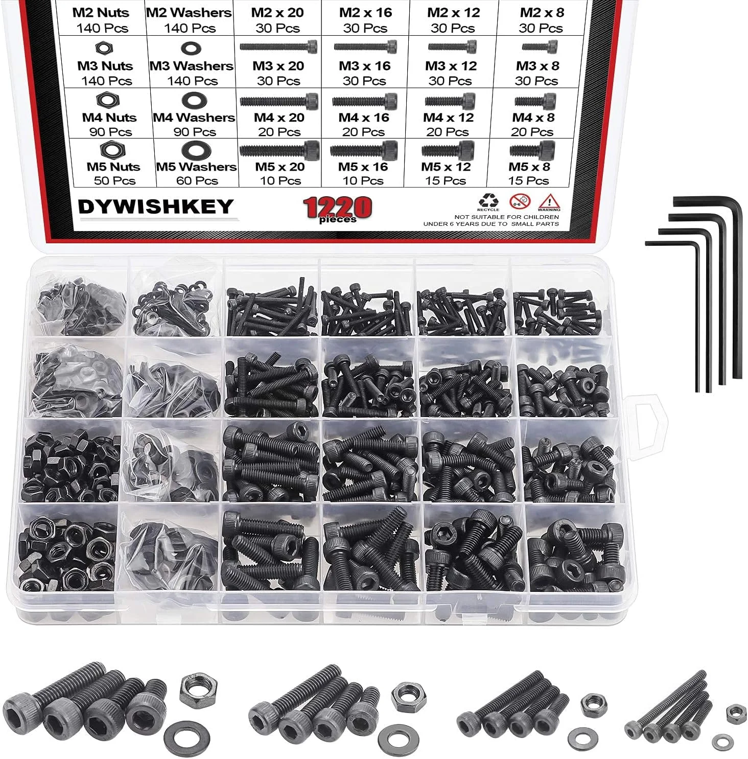 DYWISHKEY 1220 عددی پیچ و مهره و واشر آلیاژ فولادی M2 M3 M4 M5 با سر استوانه ای و آچار آلن DYWISHKEY 1220 عددی پیچ و مهره و واشر آلیاژ فولادی M2 M3 M4 M5 با سر استوانه ای و آچار آلن