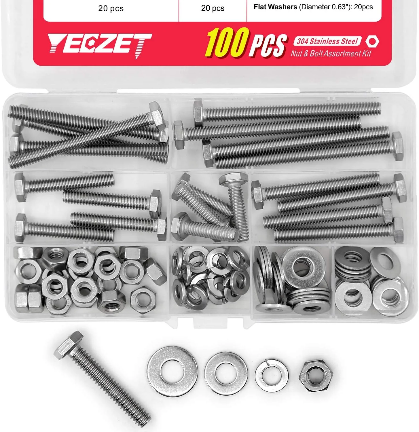 YEEZET 100 عددی پیچ و مهره سر شش گوش استیل ضد زنگ 1/4-20x1"، 1-1/2"، 2"، 2-1/2"، 3" به همراه واشرهای تخت و قفلی، کیت متنوع، استیل ضد زنگ 304 18-8، رزوه کاری کامل، پرداخت براق YEEZET 100 عددی پیچ و مهره سر شش گوش استیل ضد زنگ 1/4-20x1"، 1-1/2"، 2"، 2-1/2"، 3" به همراه واشرهای تخت و قفلی، کیت متنوع، استیل ضد زنگ 304 18-8، رزوه کاری کامل، پرداخت براق
