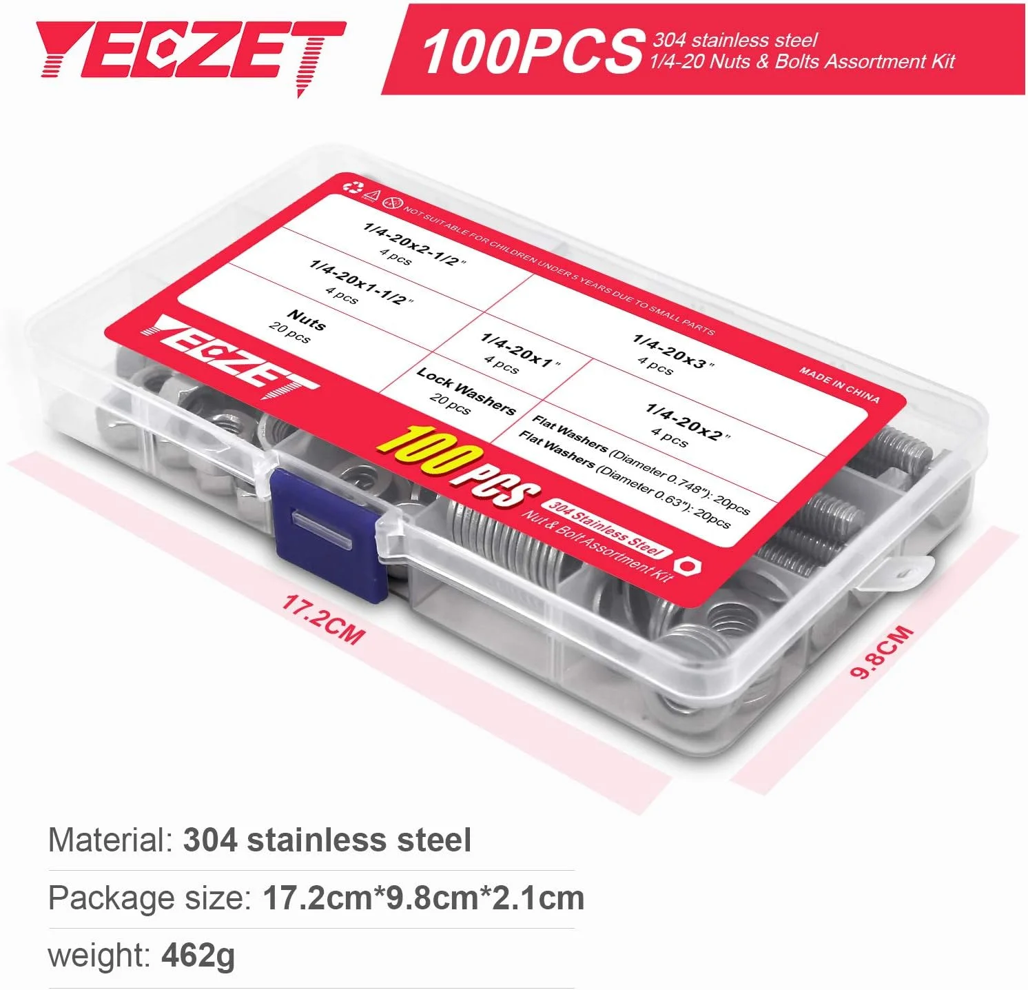 YEEZET 100 عددی پیچ و مهره سر شش گوش استیل ضد زنگ 1/4-20x1"، 1-1/2"، 2"، 2-1/2"، 3" به همراه واشرهای تخت و قفلی، کیت متنوع، استیل ضد زنگ 304 18-8، رزوه کاری کامل، پرداخت براق YEEZET 100 عددی پیچ و مهره سر شش گوش استیل ضد زنگ 1/4-20x1"، 1-1/2"، 2"، 2-1/2"، 3" به همراه واشرهای تخت و قفلی، کیت متنوع، استیل ضد زنگ 304 18-8، رزوه کاری کامل، پرداخت براق